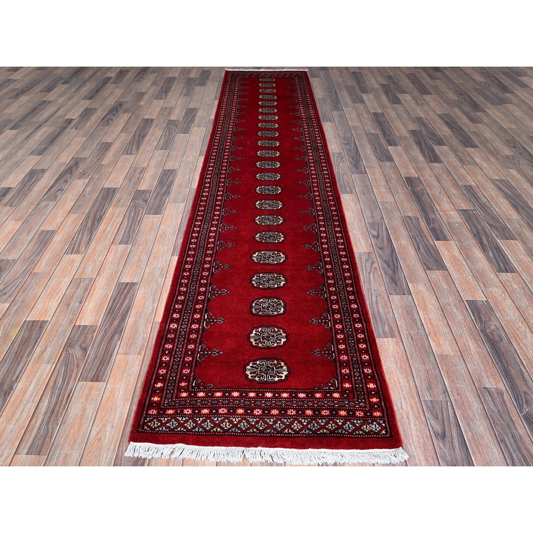 2'7"x11'10" Scarlet Red, Princess Bokara with Tribal Medallions, Vegetable Dyes, Soft and Velvety Wool, Hand Knotted, Runner, Oriental Rug Sh1301