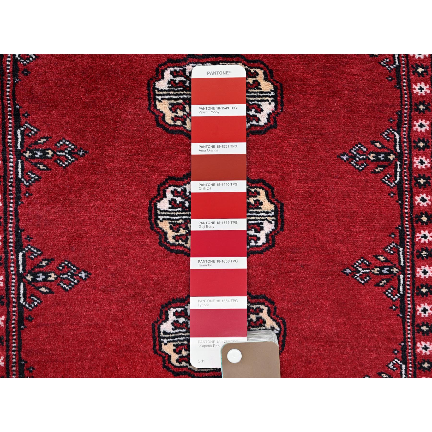 2'7"x11'10" Scarlet Red, Princess Bokara with Tribal Medallions, Vegetable Dyes, Soft and Velvety Wool, Hand Knotted, Runner, Oriental Rug Sh1301