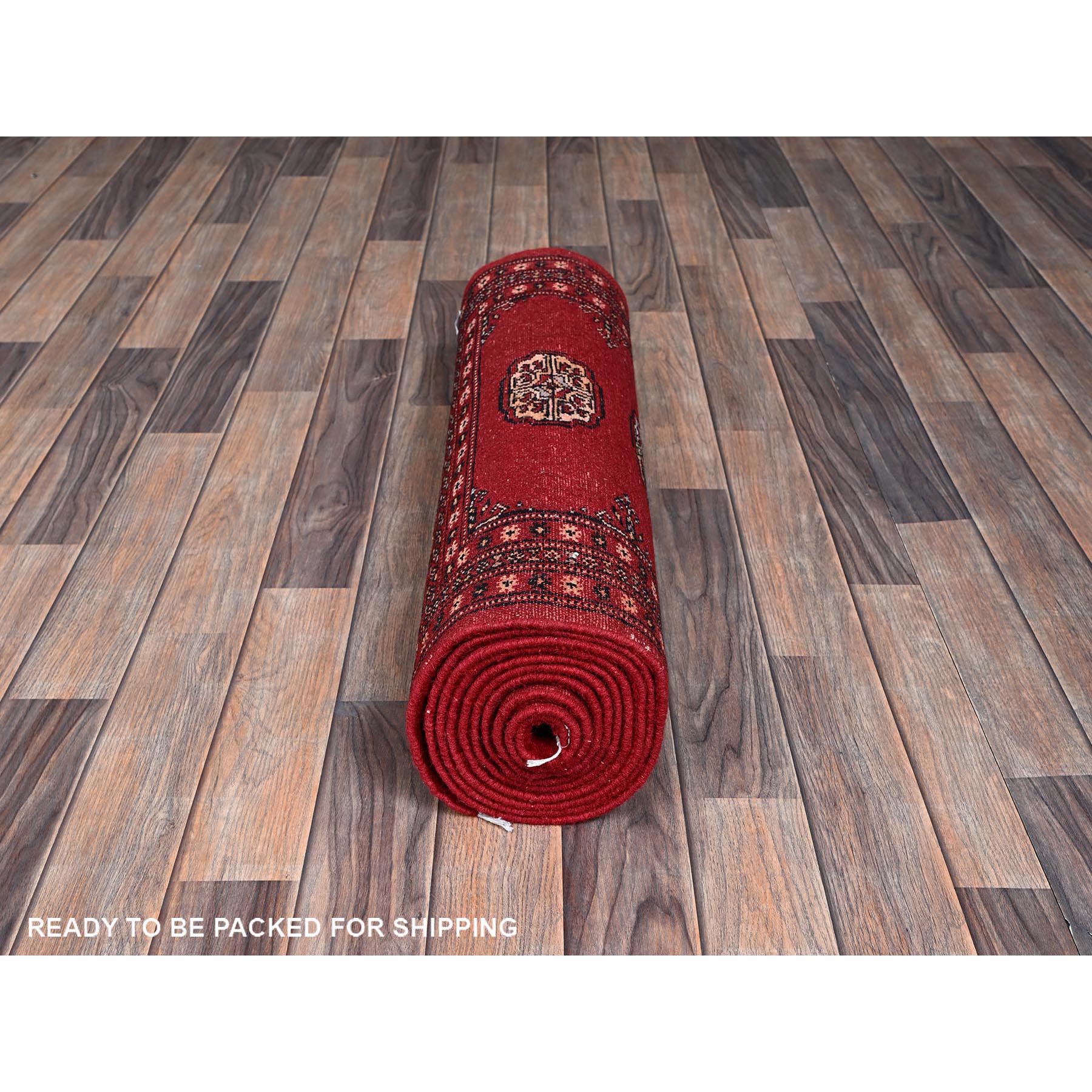 2'7"x11'10" Scarlet Red, Princess Bokara with Tribal Medallions, Vegetable Dyes, Soft and Velvety Wool, Hand Knotted, Runner, Oriental Rug Sh1301