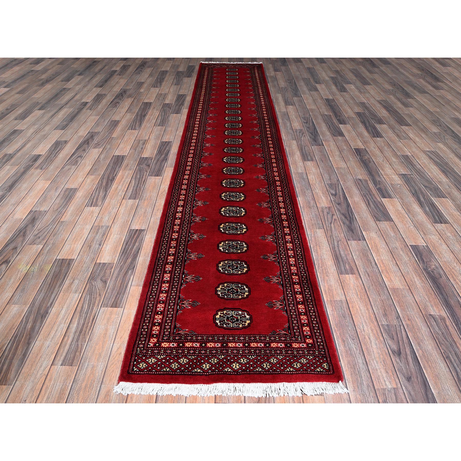 2'6"x12'5" Ajax Red, Princess Bokara with Tribal Medallions, Vegetable Dyes, Soft and Shiny Wool, Hand Knotted, Runner, Oriental Rug Sh1302