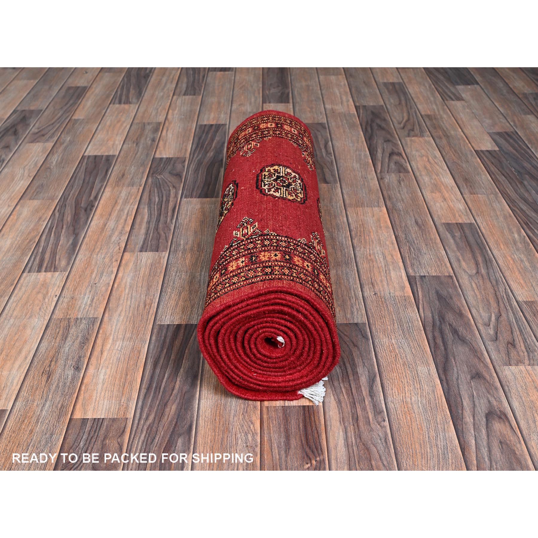 2'6"x12'5" Ajax Red, Princess Bokara with Tribal Medallions, Vegetable Dyes, Soft and Shiny Wool, Hand Knotted, Runner, Oriental Rug Sh1302