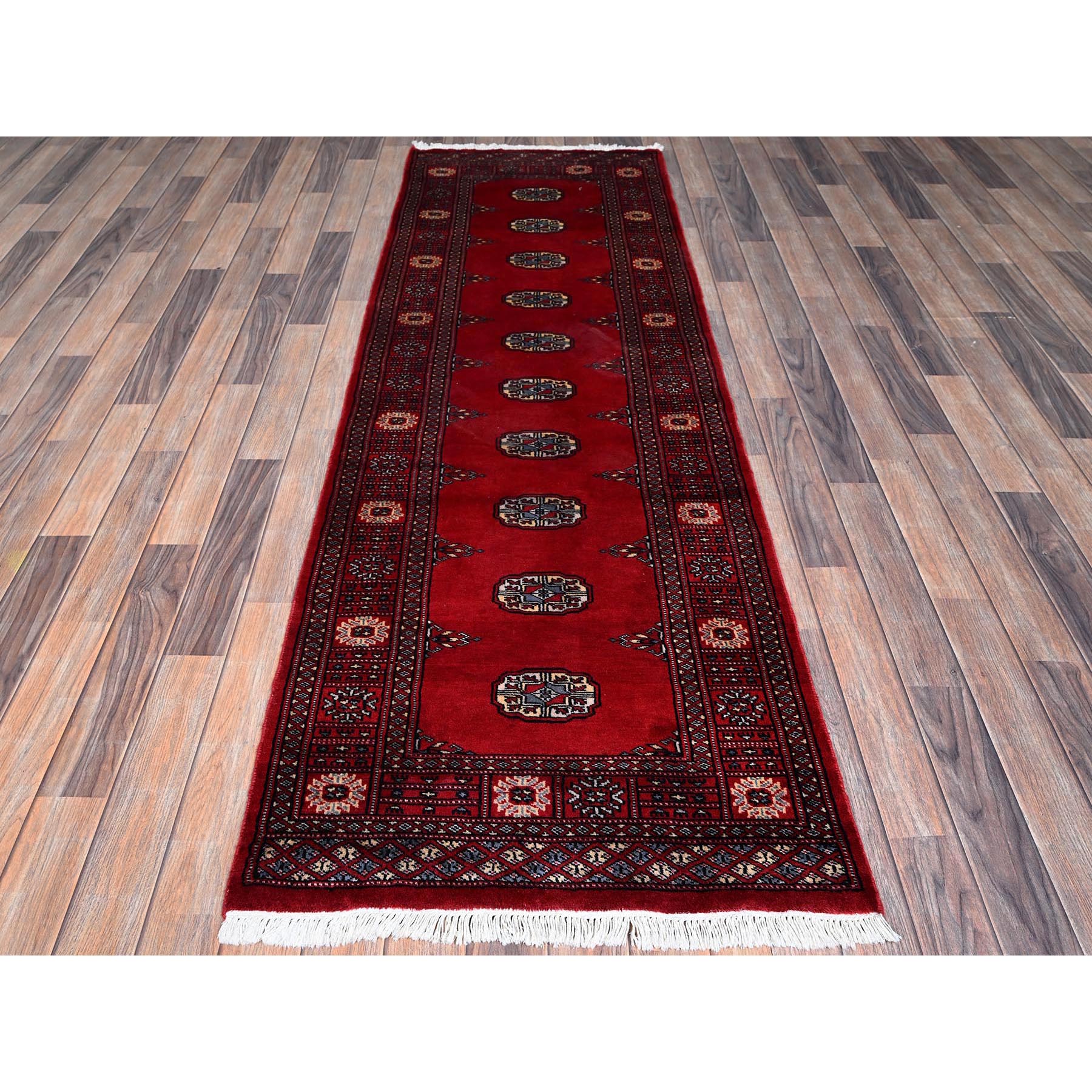 2'7"x8' Chili Red, Princess Bokara with Geometric Medallions, Vegetable Dyes, Hand Knotted, Soft and Velvety Wool, Runner, Oriental Rug Sh1303