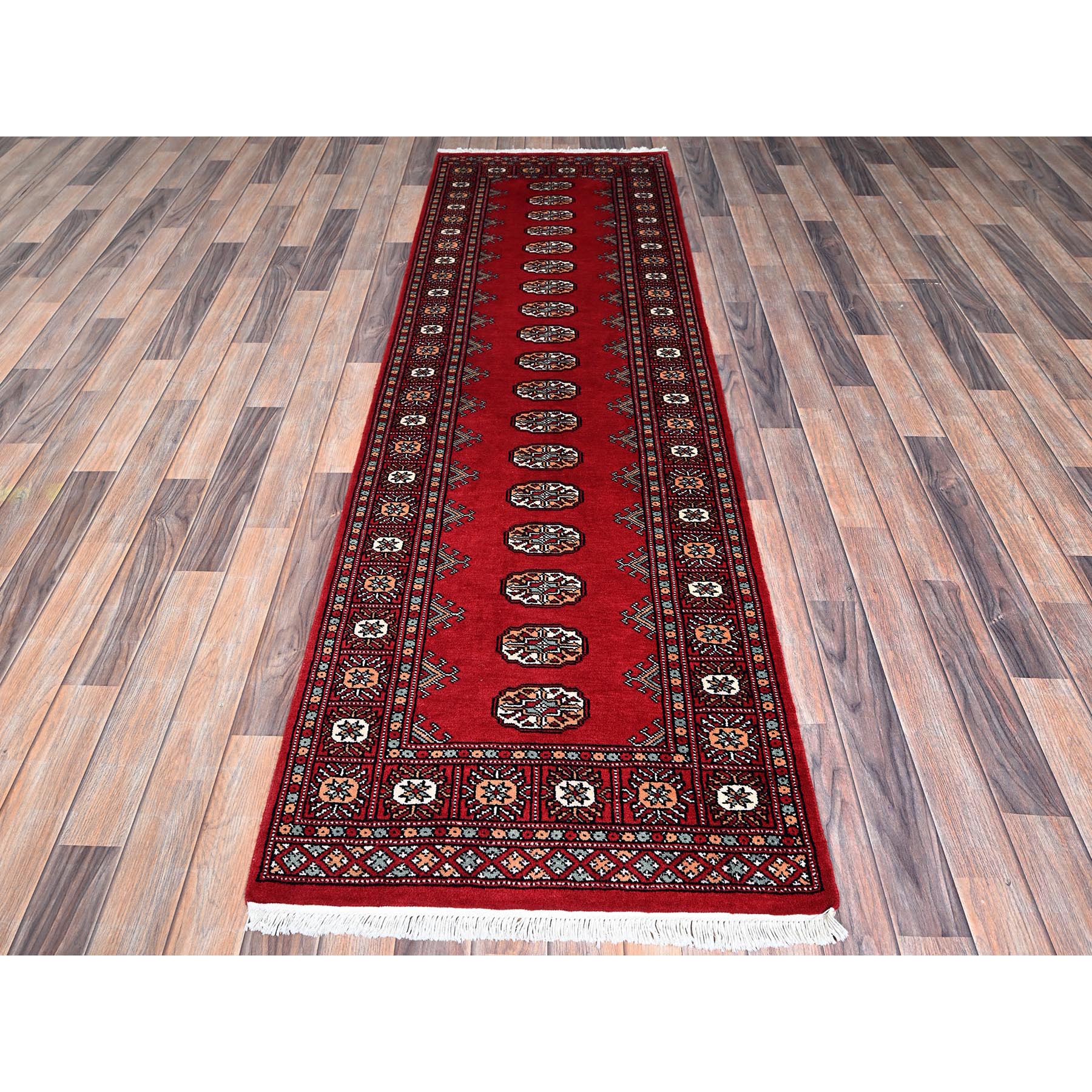 2'6"x8' Berry Red, Soft and Shiny Wool, Princess Bokara with Tribal Medallions, Vegetable Dyes, Hand Knotted, Runner, Oriental Rug Sh1304