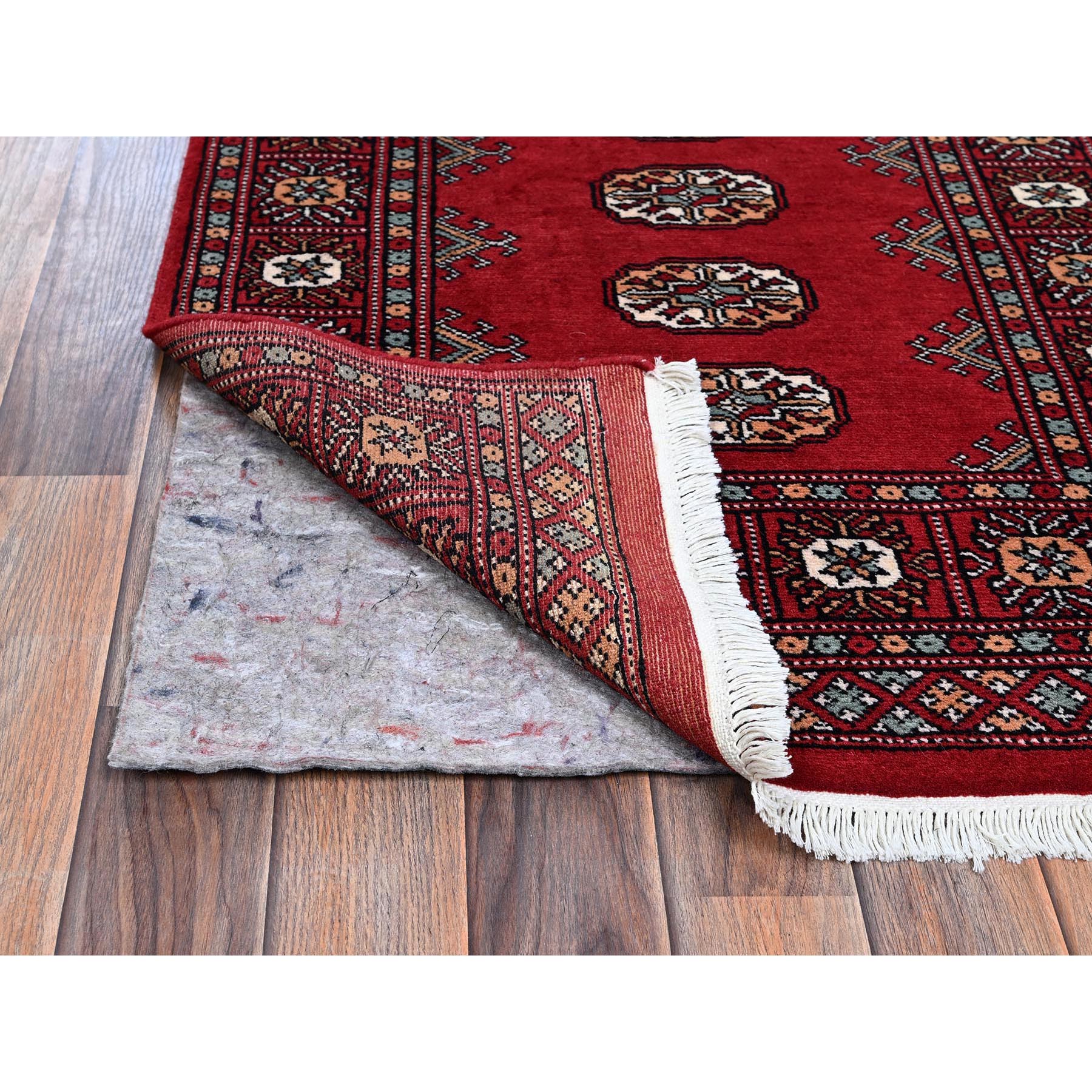 2'6"x8' Berry Red, Soft and Shiny Wool, Princess Bokara with Tribal Medallions, Vegetable Dyes, Hand Knotted, Runner, Oriental Rug Sh1304