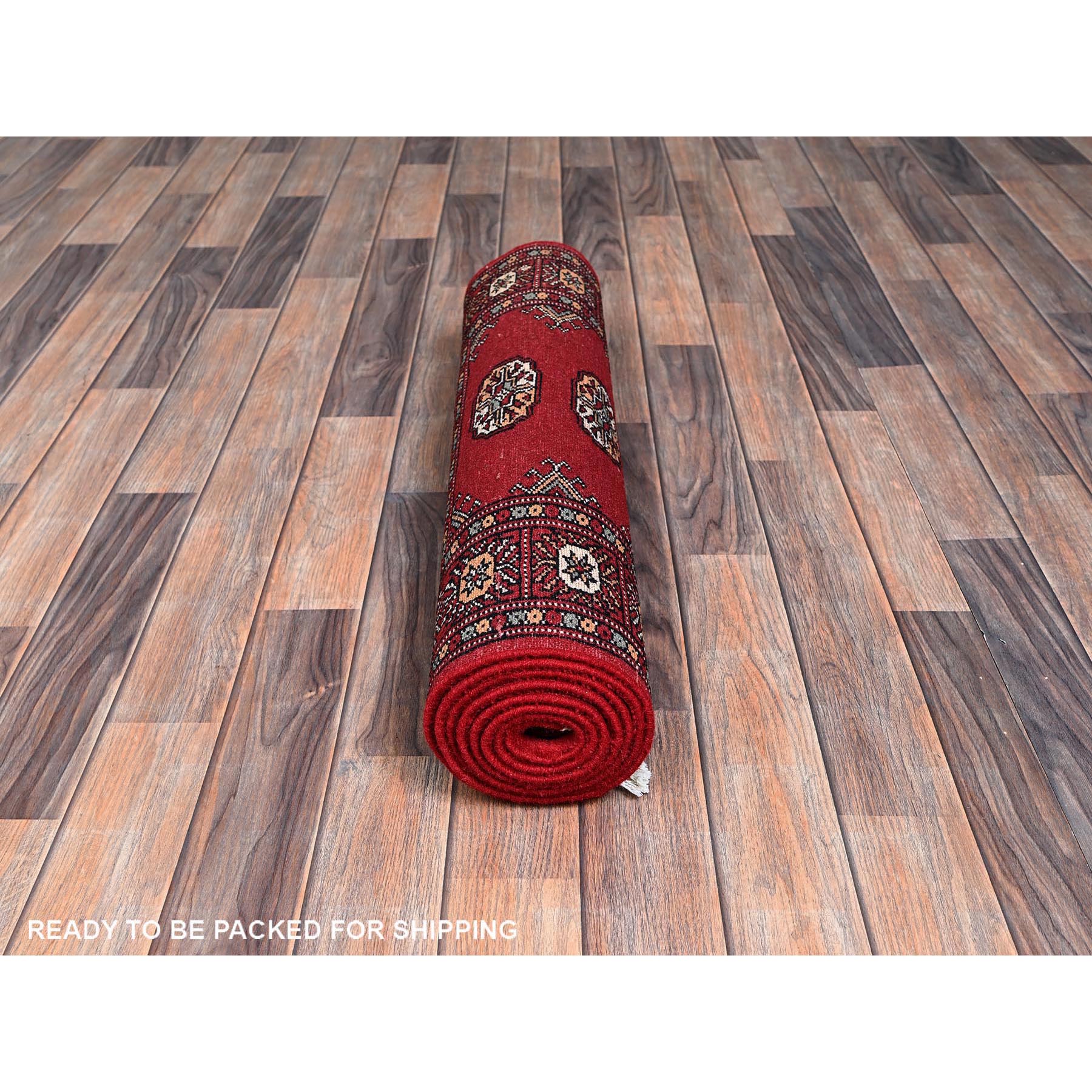 2'6"x8' Berry Red, Soft and Shiny Wool, Princess Bokara with Tribal Medallions, Vegetable Dyes, Hand Knotted, Runner, Oriental Rug Sh1304