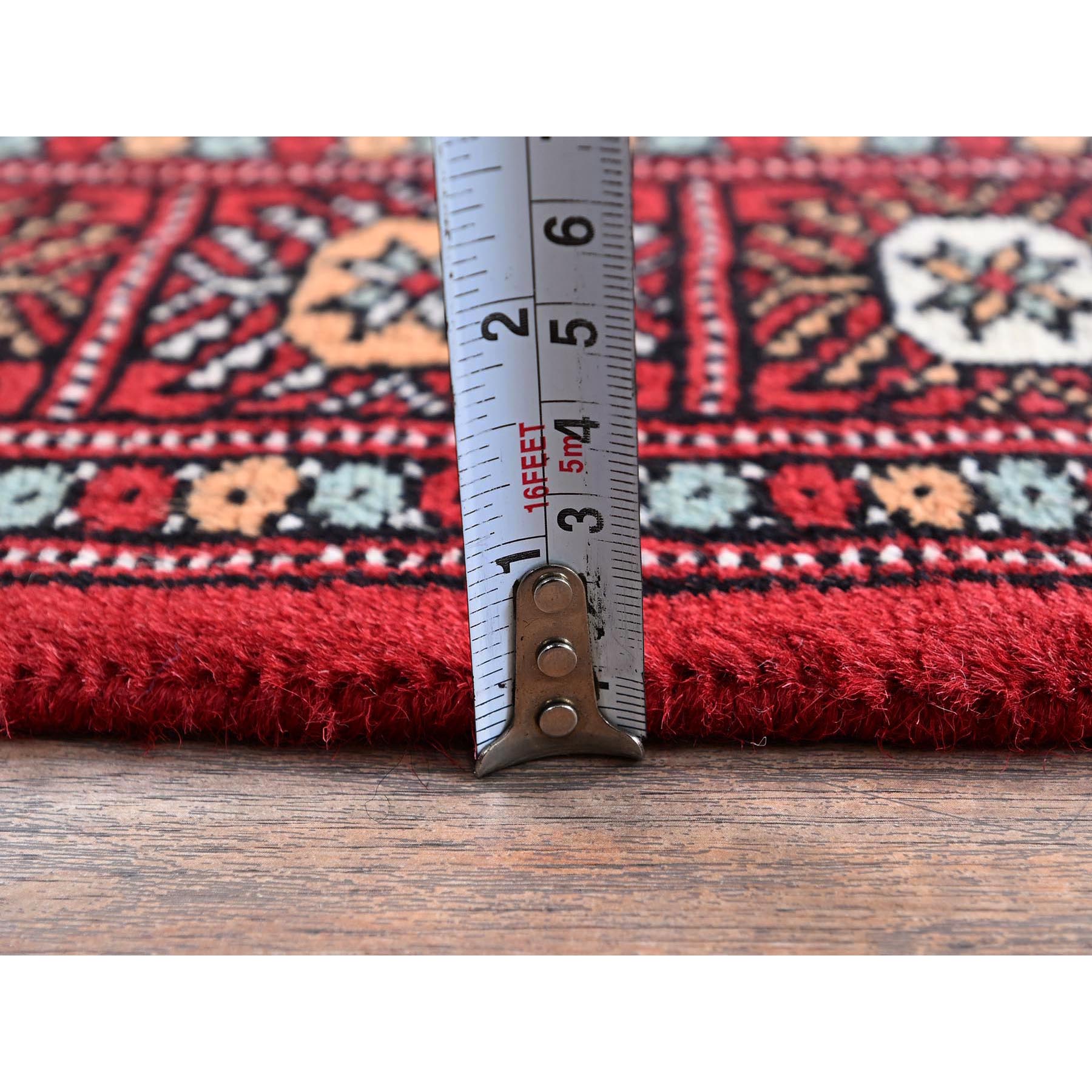 2'6"x8' Berry Red, Soft and Shiny Wool, Princess Bokara with Tribal Medallions, Vegetable Dyes, Hand Knotted, Runner, Oriental Rug Sh1304