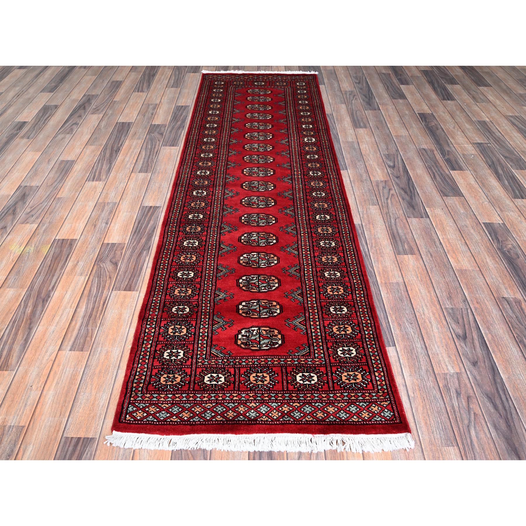 2'6"x8' Crimson Red, Princess Bokara with Geometric Medallions, Vegetable Dyes, Soft Wool, Hand Knotted, Runner, Oriental Rug Sh1305