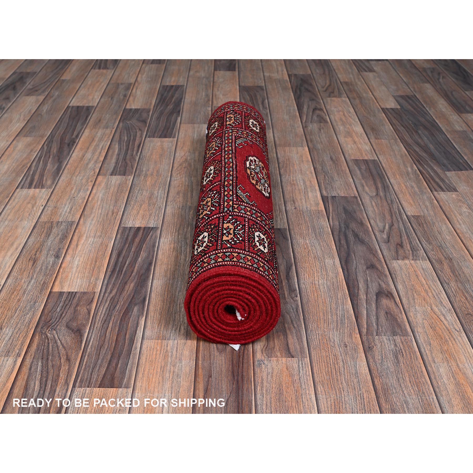 2'6"x8' Crimson Red, Princess Bokara with Geometric Medallions, Vegetable Dyes, Soft Wool, Hand Knotted, Runner, Oriental Rug Sh1305