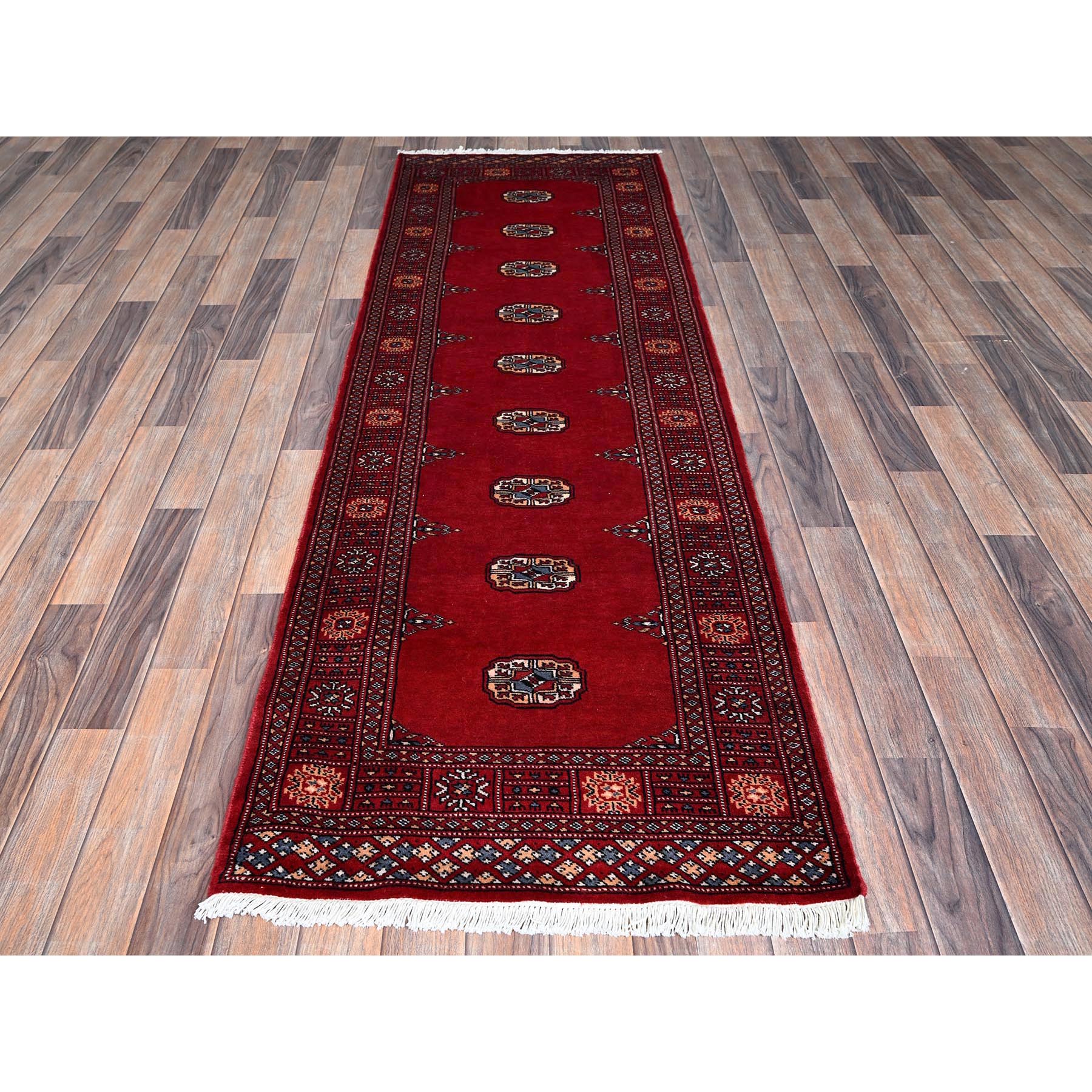 2'7"x7'10" Scarlet Red, Princess Bokara with Tribal Medallions, Vegetable Dyes, Soft and Velvety Wool, Hand Knotted, Runner, Oriental Rug Sh1306