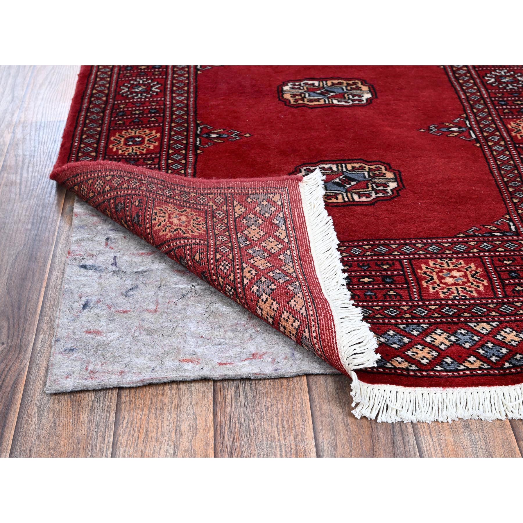 2'7"x7'10" Scarlet Red, Princess Bokara with Tribal Medallions, Vegetable Dyes, Soft and Velvety Wool, Hand Knotted, Runner, Oriental Rug Sh1306