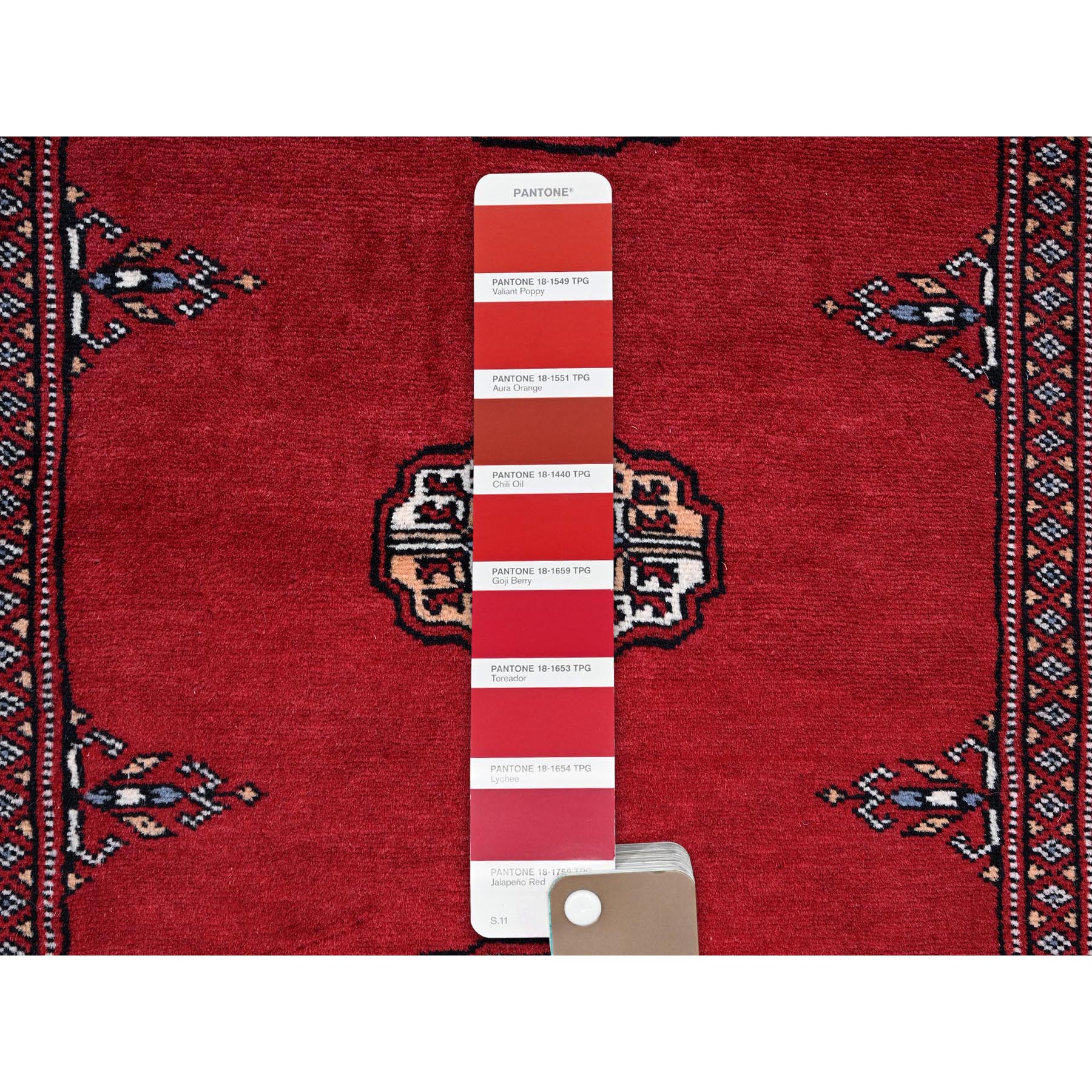 2'7"x7'10" Scarlet Red, Princess Bokara with Tribal Medallions, Vegetable Dyes, Soft and Velvety Wool, Hand Knotted, Runner, Oriental Rug Sh1306