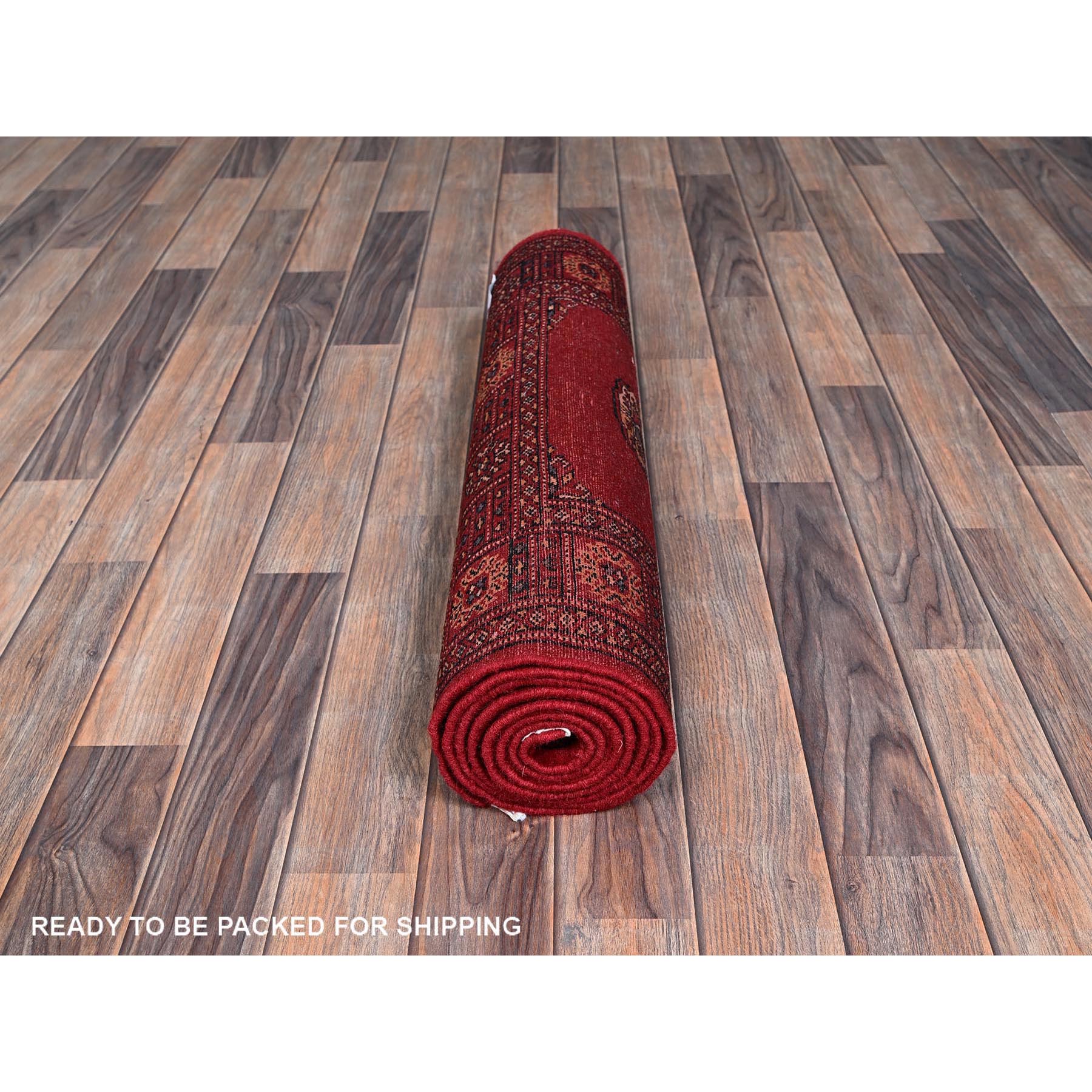 2'7"x7'10" Scarlet Red, Princess Bokara with Tribal Medallions, Vegetable Dyes, Soft and Velvety Wool, Hand Knotted, Runner, Oriental Rug Sh1306