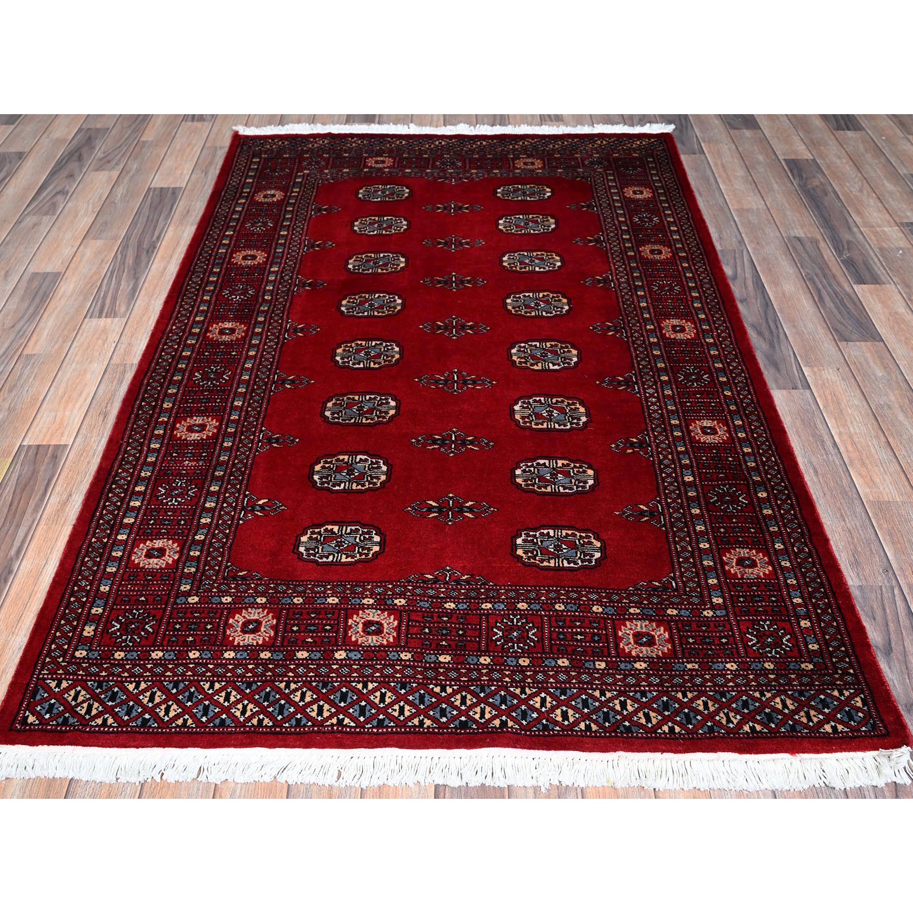 4'2"x6'2" Crimson Red, Princess Bokara with Geometric Medallions, Soft and Shiny Wool, Vegetable Dyes, Hand Knotted, Oriental Rug Sh1308
