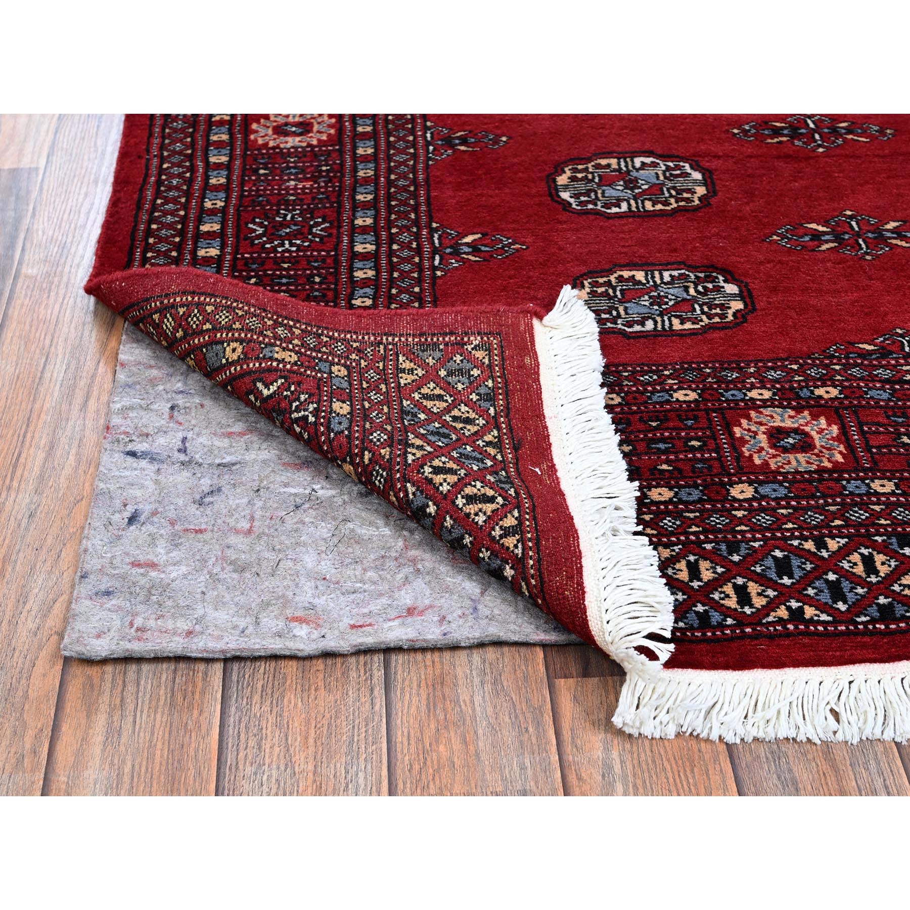 4'2"x6'2" Crimson Red, Princess Bokara with Geometric Medallions, Soft and Shiny Wool, Vegetable Dyes, Hand Knotted, Oriental Rug Sh1308