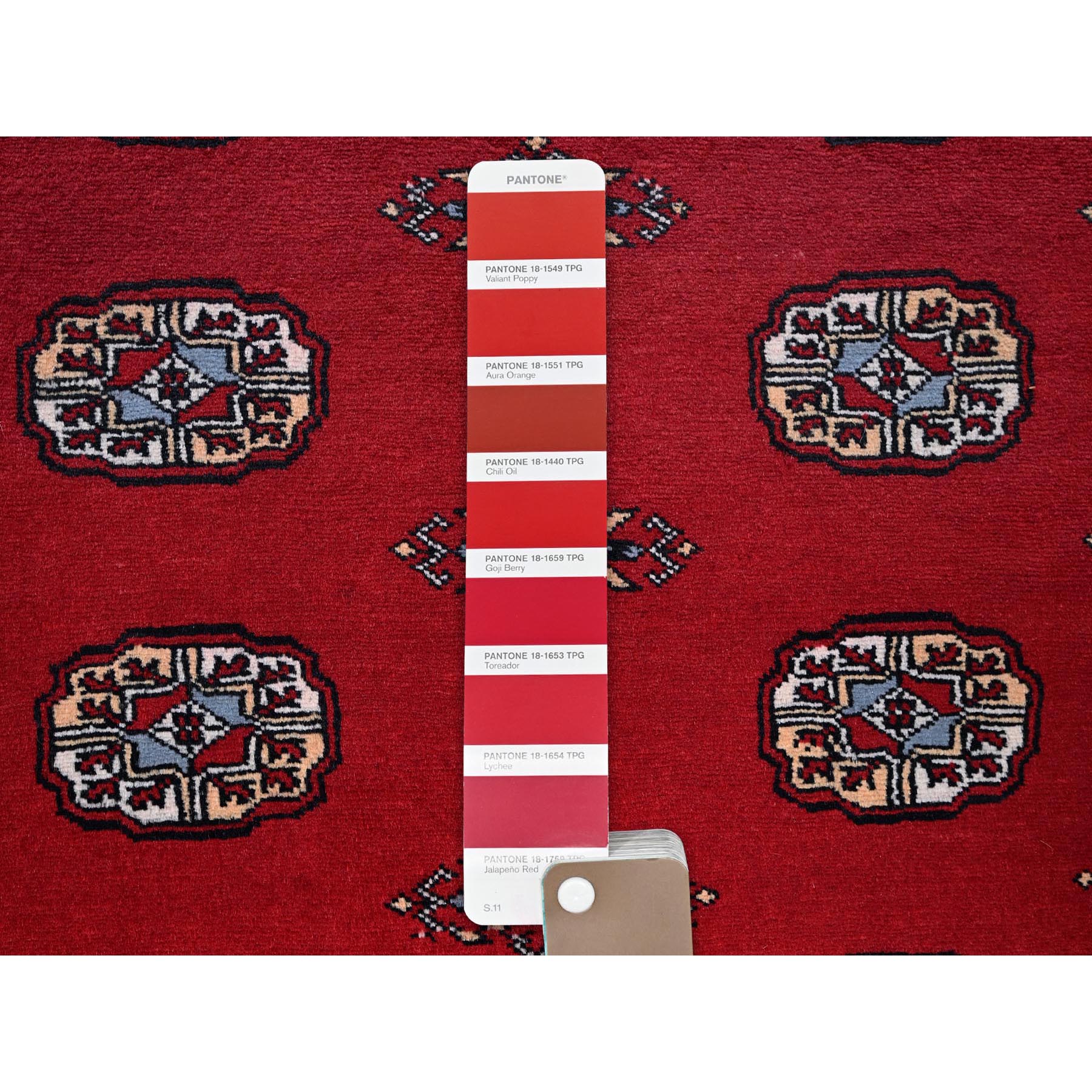 4'2"x6'2" Crimson Red, Princess Bokara with Geometric Medallions, Soft and Shiny Wool, Vegetable Dyes, Hand Knotted, Oriental Rug Sh1308