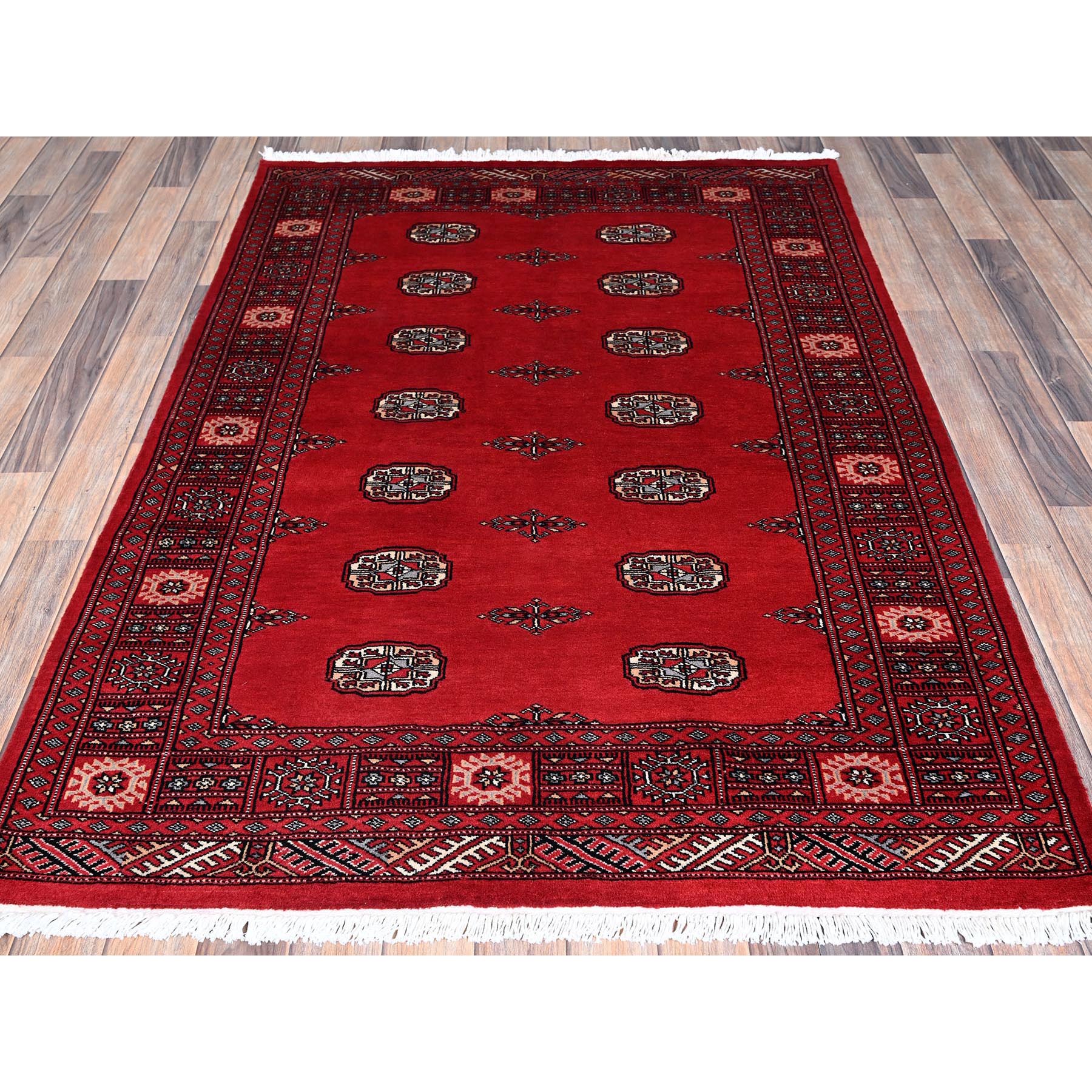 4'2"x6' Scarlet Red, Princess Bokara with Geometric Medallions, Vegetable Dyes, Soft and Vibrant Wool, Hand Knotted, Oriental Rug Sh1309