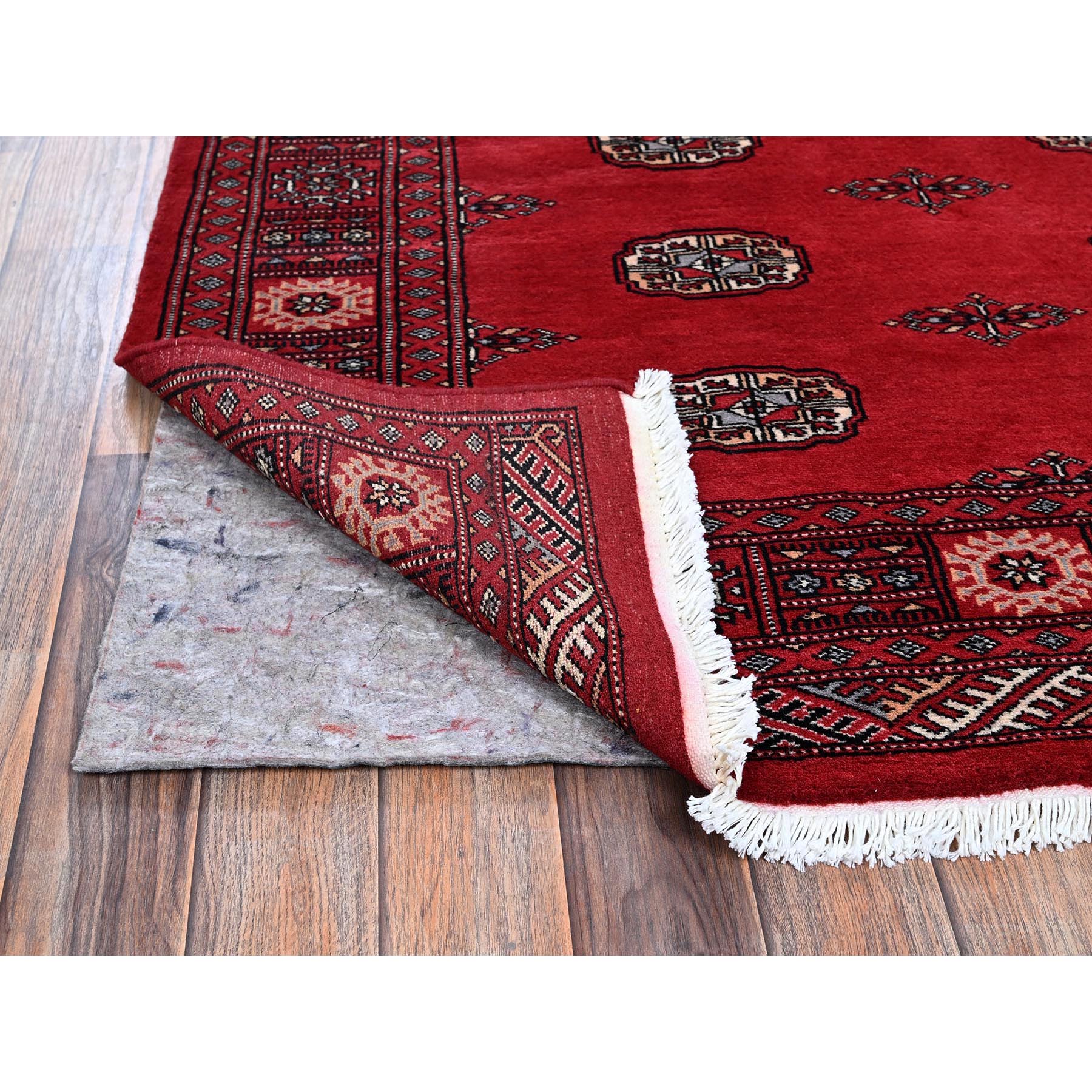 4'2"x6' Scarlet Red, Princess Bokara with Geometric Medallions, Vegetable Dyes, Soft and Vibrant Wool, Hand Knotted, Oriental Rug Sh1309