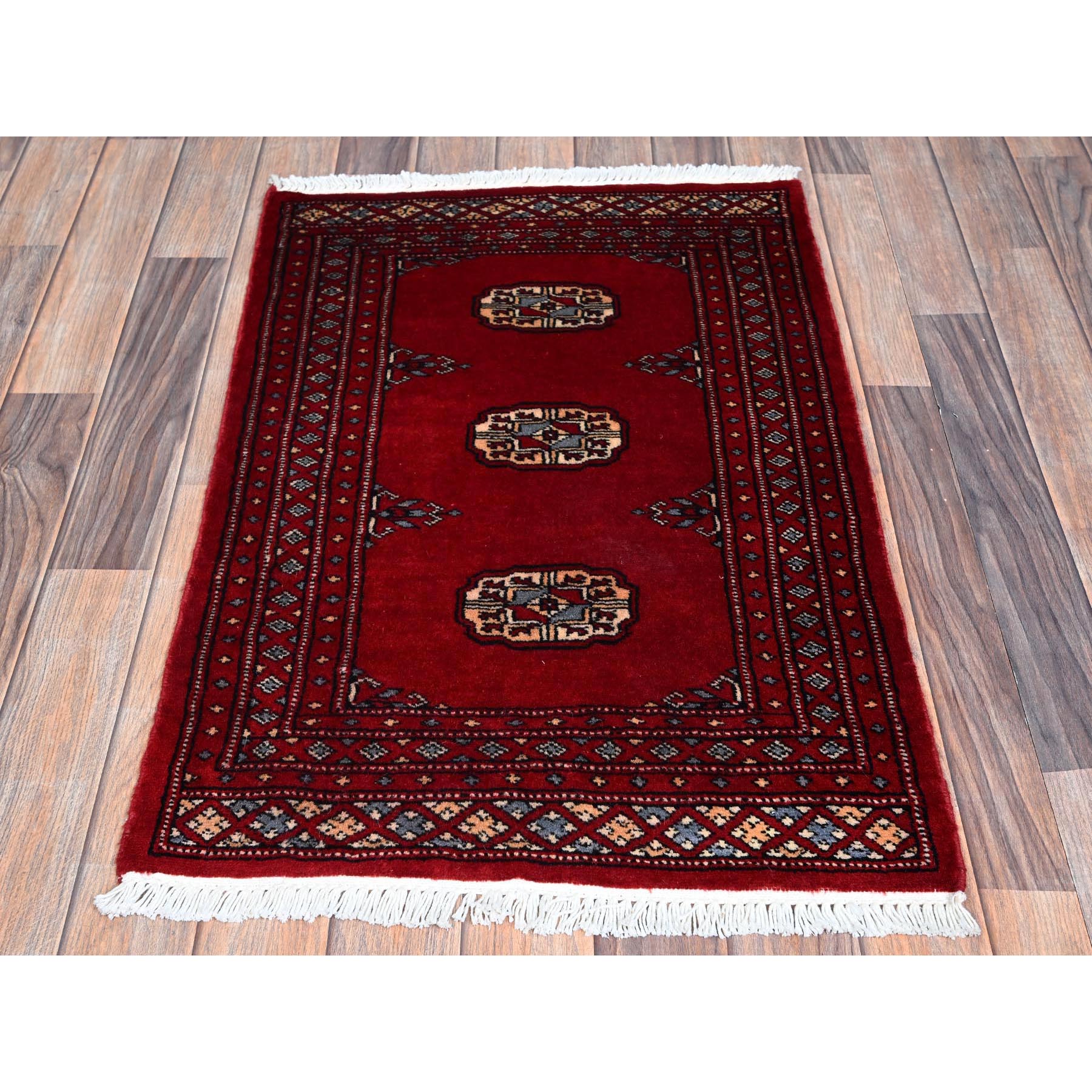 2'1"x3'1" Chili Red, Princess Bokara with Tribal Medallions, Vegetable Dyes, Soft and Velvety Wool, Hand Knotted, Mat, Sample, Oriental Rug Sh1311