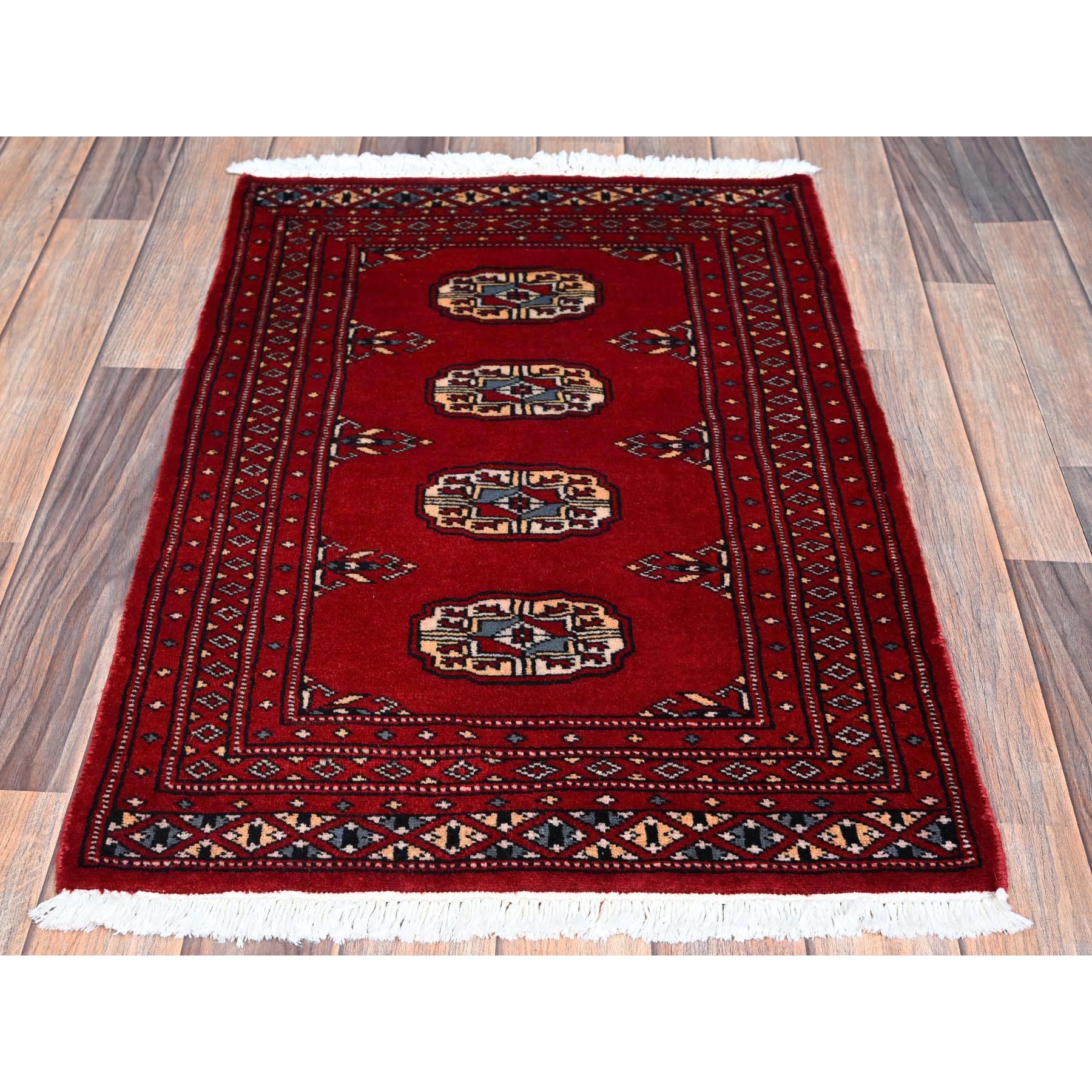 2'x3' Scarlet Red, Princess Bokara with Geometric Medallions, Vegetable Dyes, Soft and Velvety Wool, Hand Knotted, Mat, Sample, Oriental Rug Sh1313