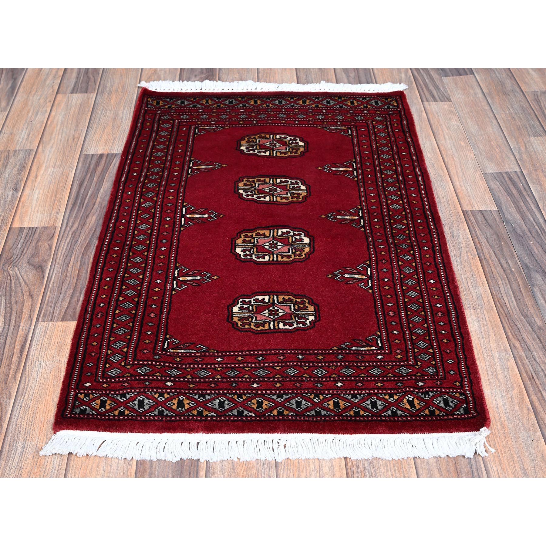 2'1"x3'1" Scarlet Red, Princess Bokara with Tribal Medallions, Vegetable Dyes, Soft and Velvety Wool, Hand Knotted, Mat, Sample, Oriental Rug Sh1315