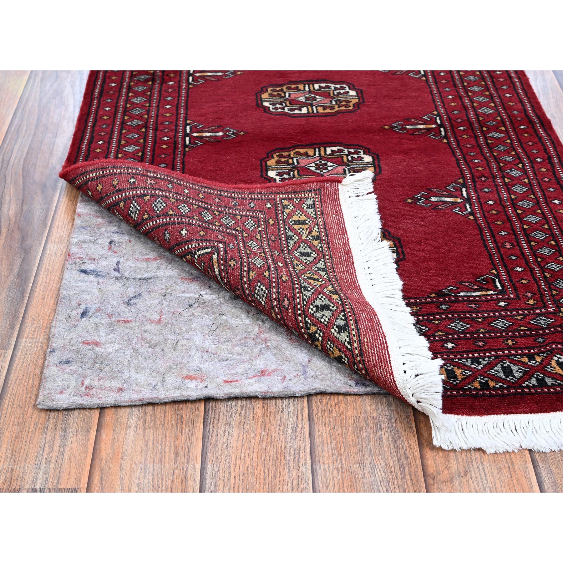 2'1"x3'1" Scarlet Red, Princess Bokara with Tribal Medallions, Vegetable Dyes, Soft and Velvety Wool, Hand Knotted, Mat, Sample, Oriental Rug Sh1315