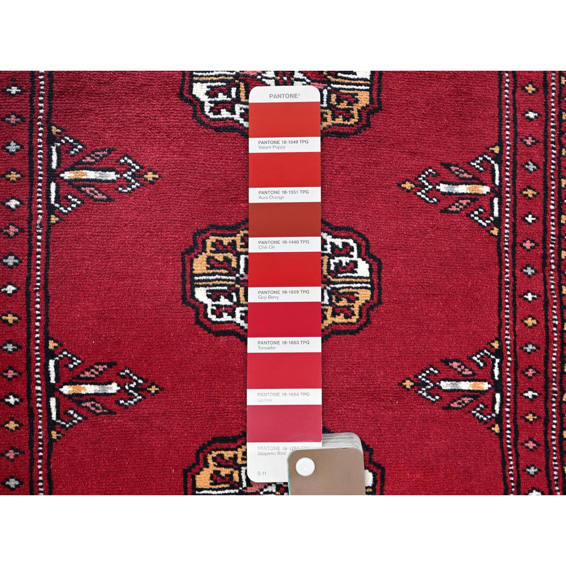 2'1"x3'1" Scarlet Red, Princess Bokara with Tribal Medallions, Vegetable Dyes, Soft and Velvety Wool, Hand Knotted, Mat, Sample, Oriental Rug Sh1315