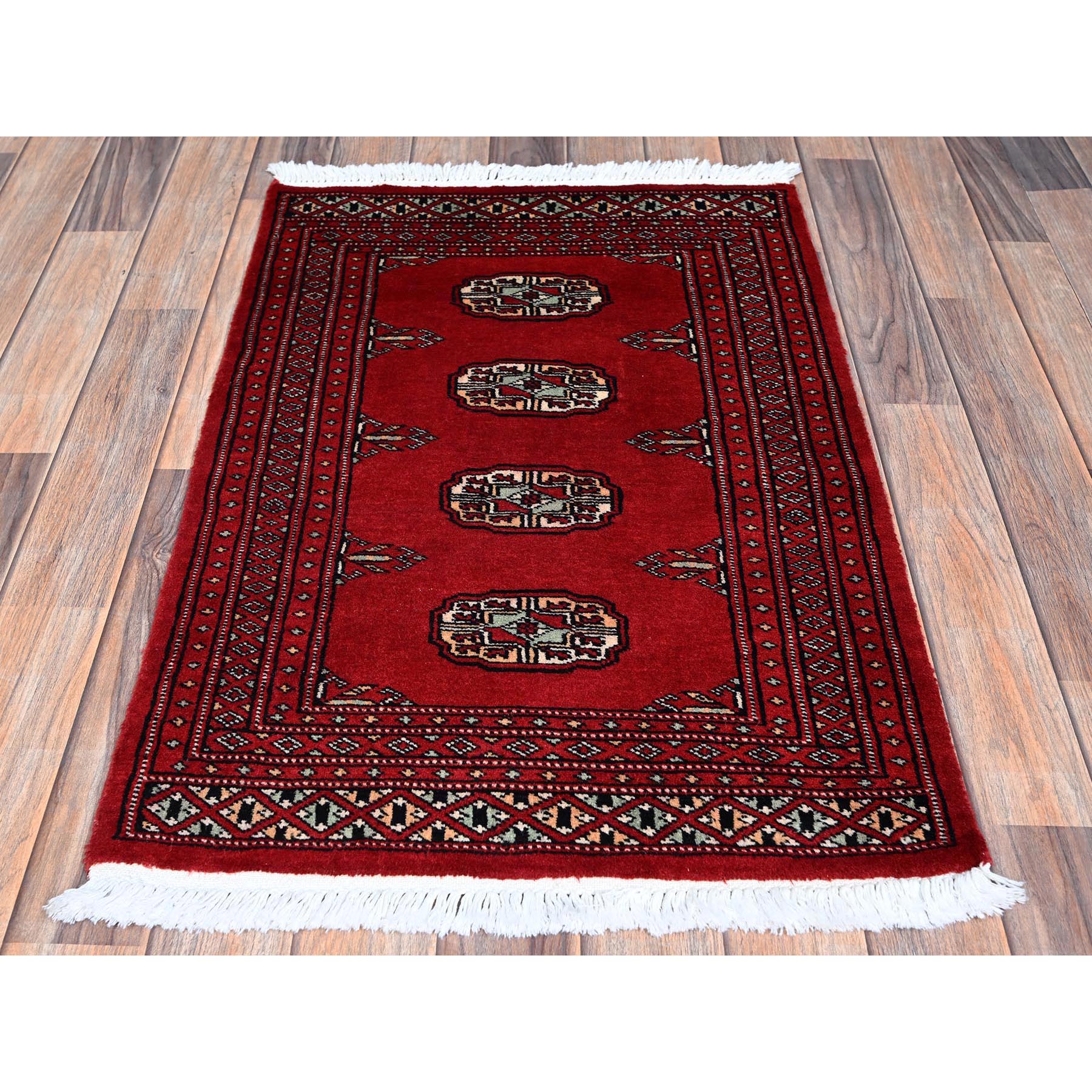 2'1"x3'1" Lychee Red, Princess Bokara with Tribal Medallions, Vegetable Dyes, Soft and Velvety Wool, Hand Knotted, Sample, Mat, Oriental Rug Sh1317