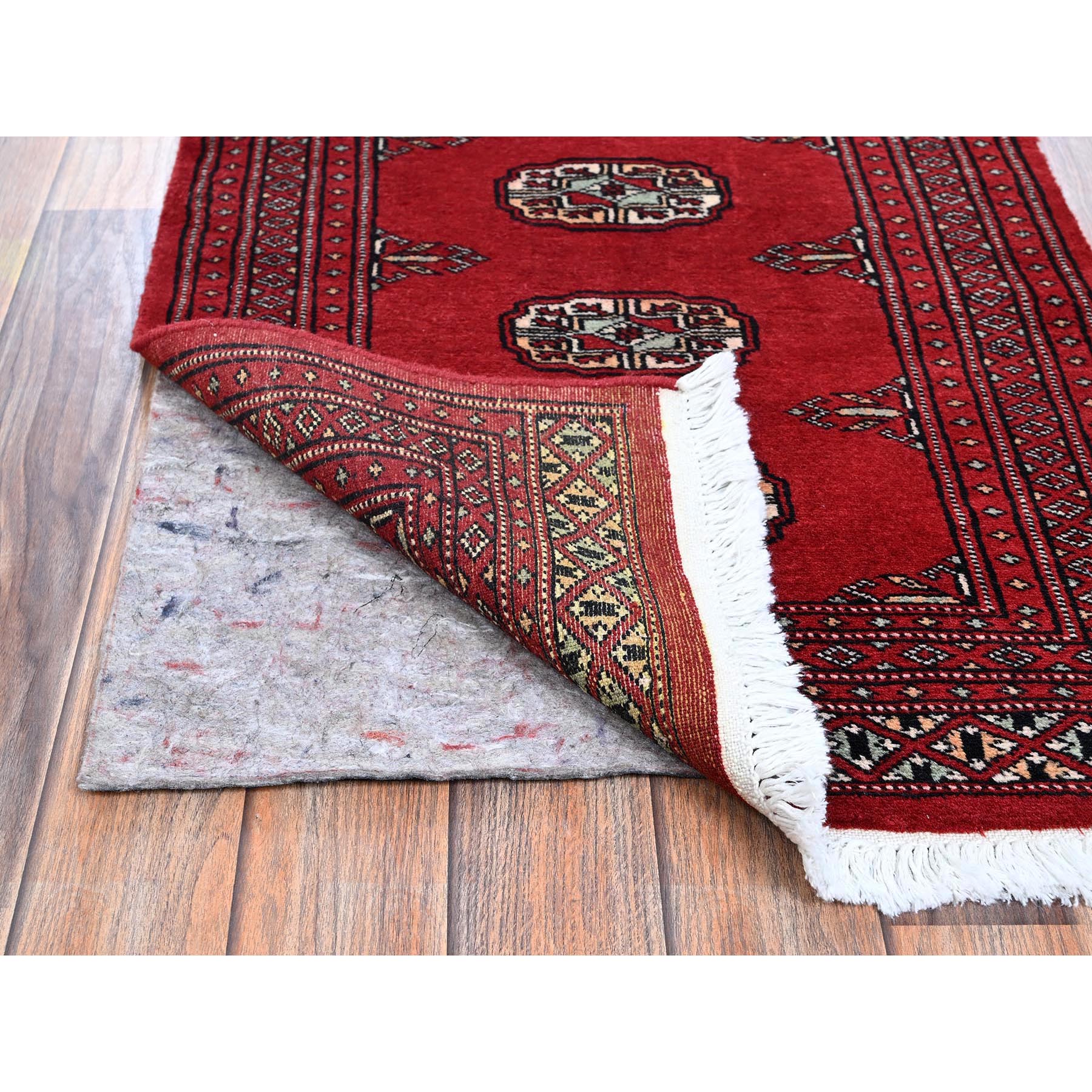 2'1"x3'1" Lychee Red, Princess Bokara with Tribal Medallions, Vegetable Dyes, Soft and Velvety Wool, Hand Knotted, Sample, Mat, Oriental Rug Sh1317