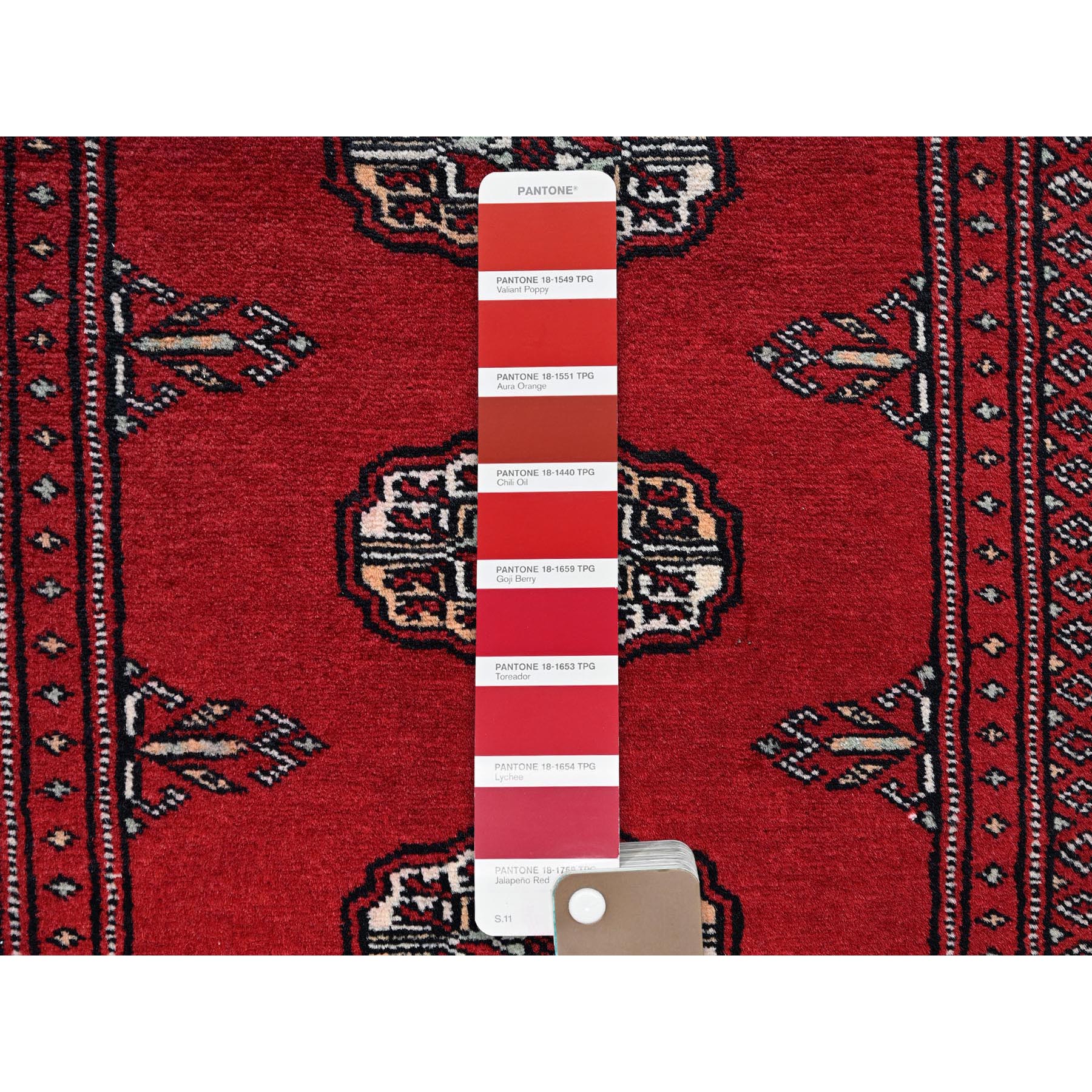 2'1"x3'1" Lychee Red, Princess Bokara with Tribal Medallions, Vegetable Dyes, Soft and Velvety Wool, Hand Knotted, Sample, Mat, Oriental Rug Sh1317