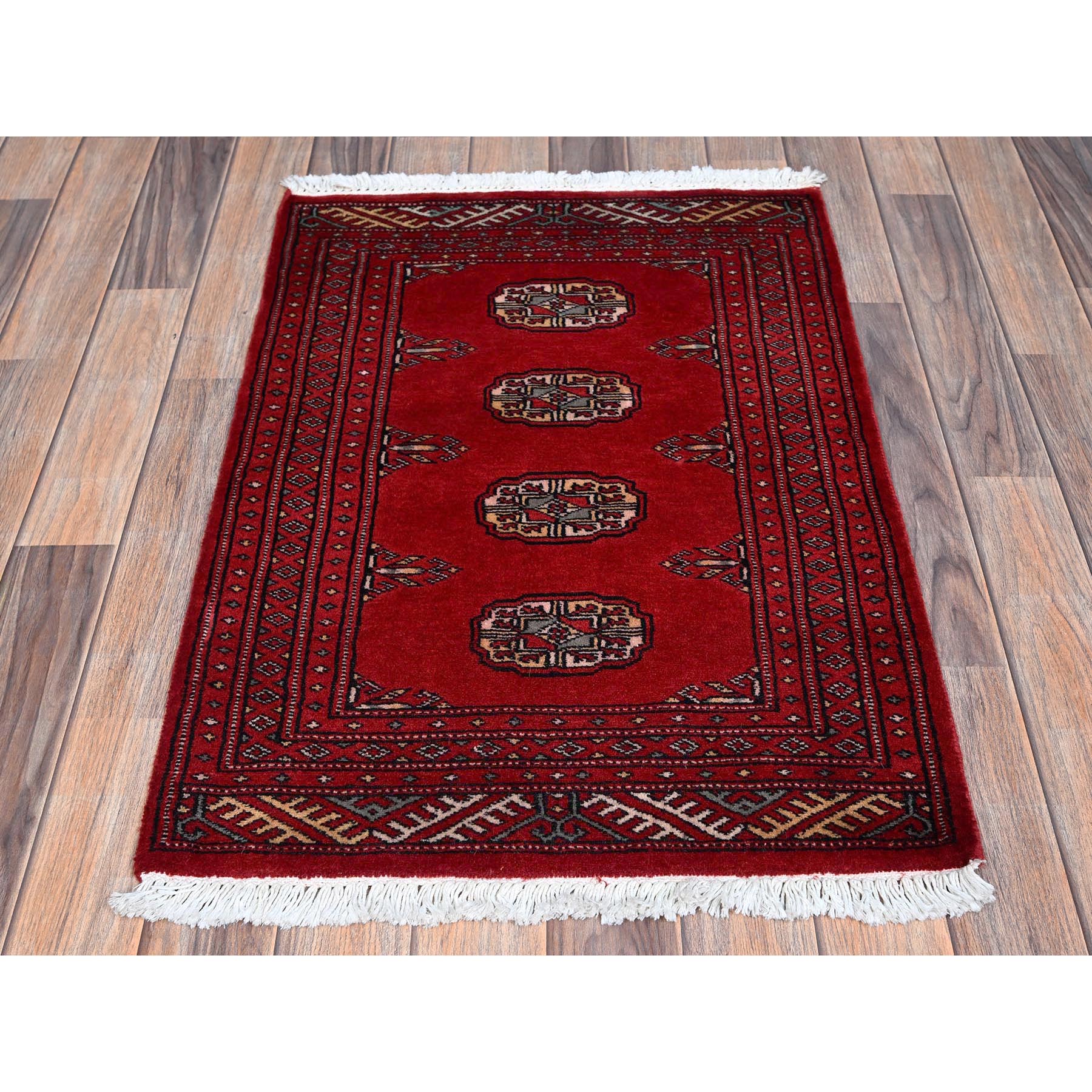 2'1"x3' Crimson Red, Princess Bokara with Geometric Medallions, Vegetable Dyes, Soft and Shiny Wool, Hand Knotted, Sample, Mat, Oriental Rug Sh1318