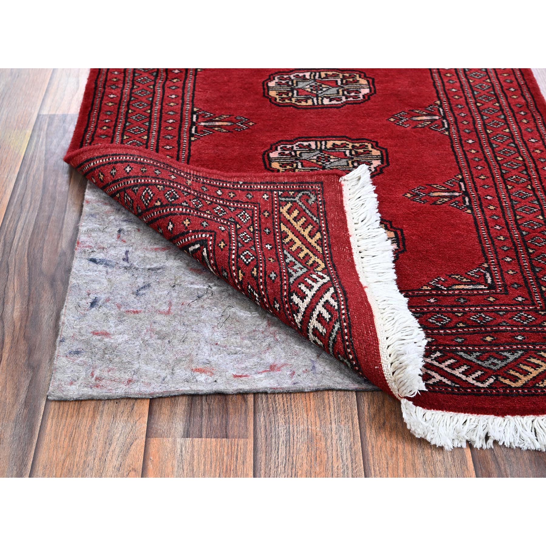 2'1"x3' Crimson Red, Princess Bokara with Geometric Medallions, Vegetable Dyes, Soft and Shiny Wool, Hand Knotted, Sample, Mat, Oriental Rug Sh1318