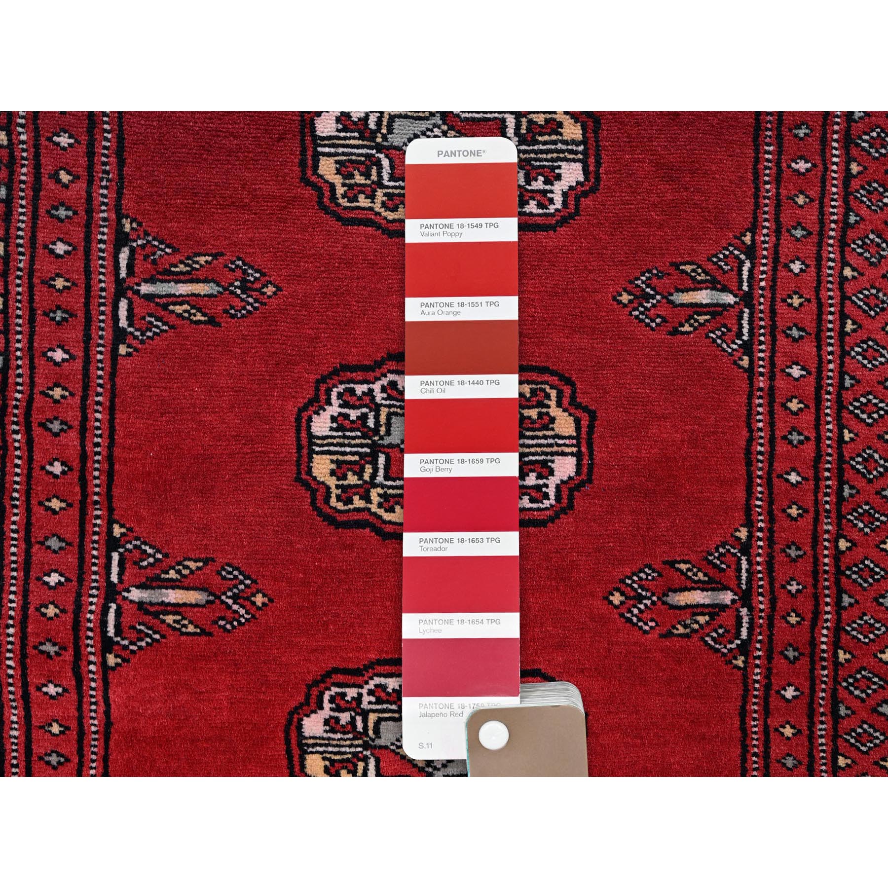 2'1"x3' Crimson Red, Princess Bokara with Geometric Medallions, Vegetable Dyes, Soft and Shiny Wool, Hand Knotted, Sample, Mat, Oriental Rug Sh1318