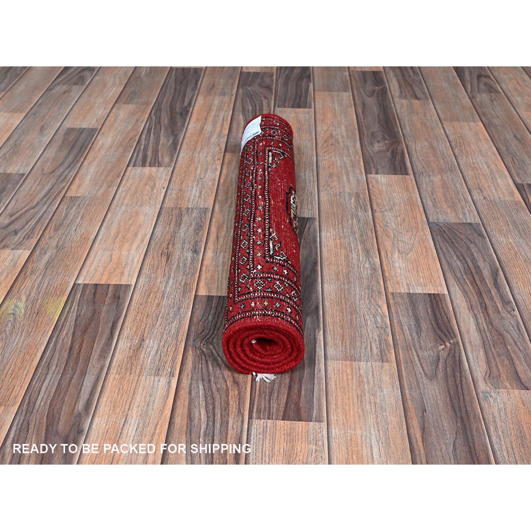 2'1"x3' Crimson Red, Princess Bokara with Geometric Medallions, Vegetable Dyes, Soft and Shiny Wool, Hand Knotted, Sample, Mat, Oriental Rug Sh1318