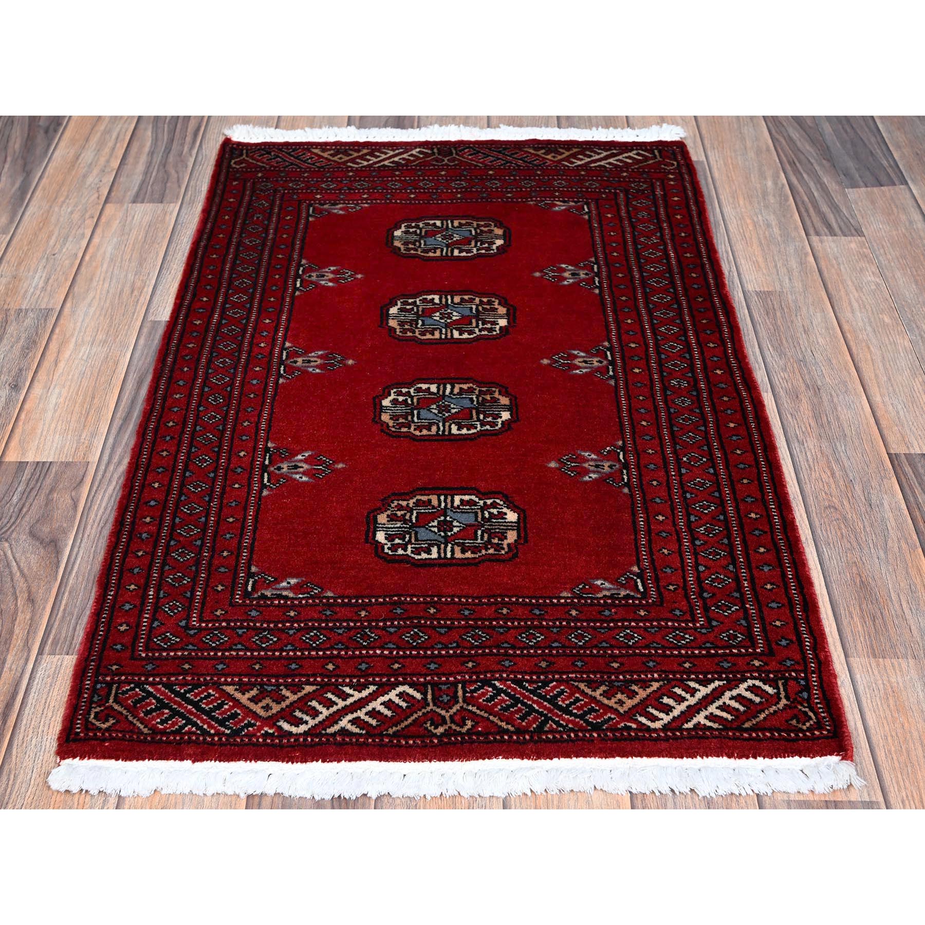 2'1"x3'3" Chili Red, Princess Bokara with Tribal Medallions, Vegetable Dyes, Soft and Velvety Wool, Hand Knotted, Sample, Mat, Oriental Rug Sh1319