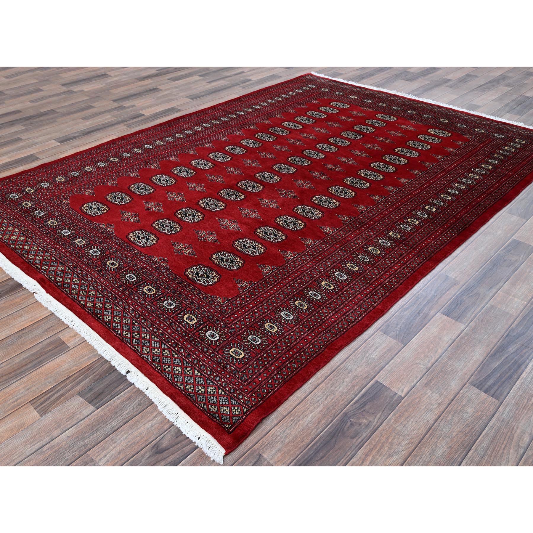 6'2"x8'9" Scarlet Red, Princess Bokara with Tribal Medallions, Vegetable Dyes, Soft and Velvety Wool, Hand Knotted, Oriental Rug Sh1321
