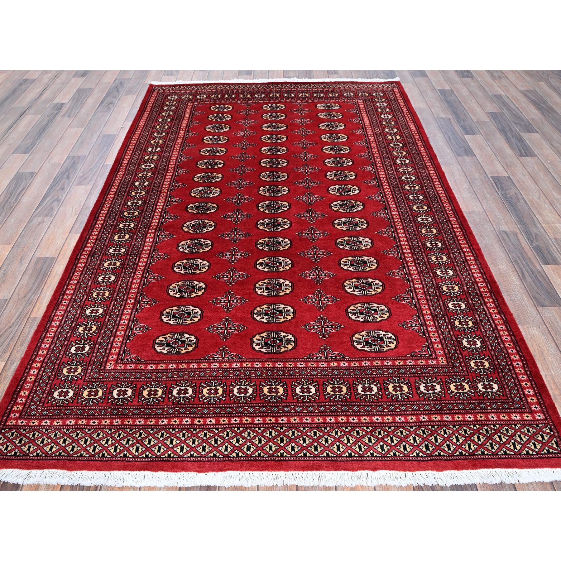 5'1"x8'1" Chili Red, Princess Bokara with Geometric Medallions, Vegetable Dyes, Soft and Shiny Wool, Hand Knotted, Mat, Sample, Oriental Rug Sh1322