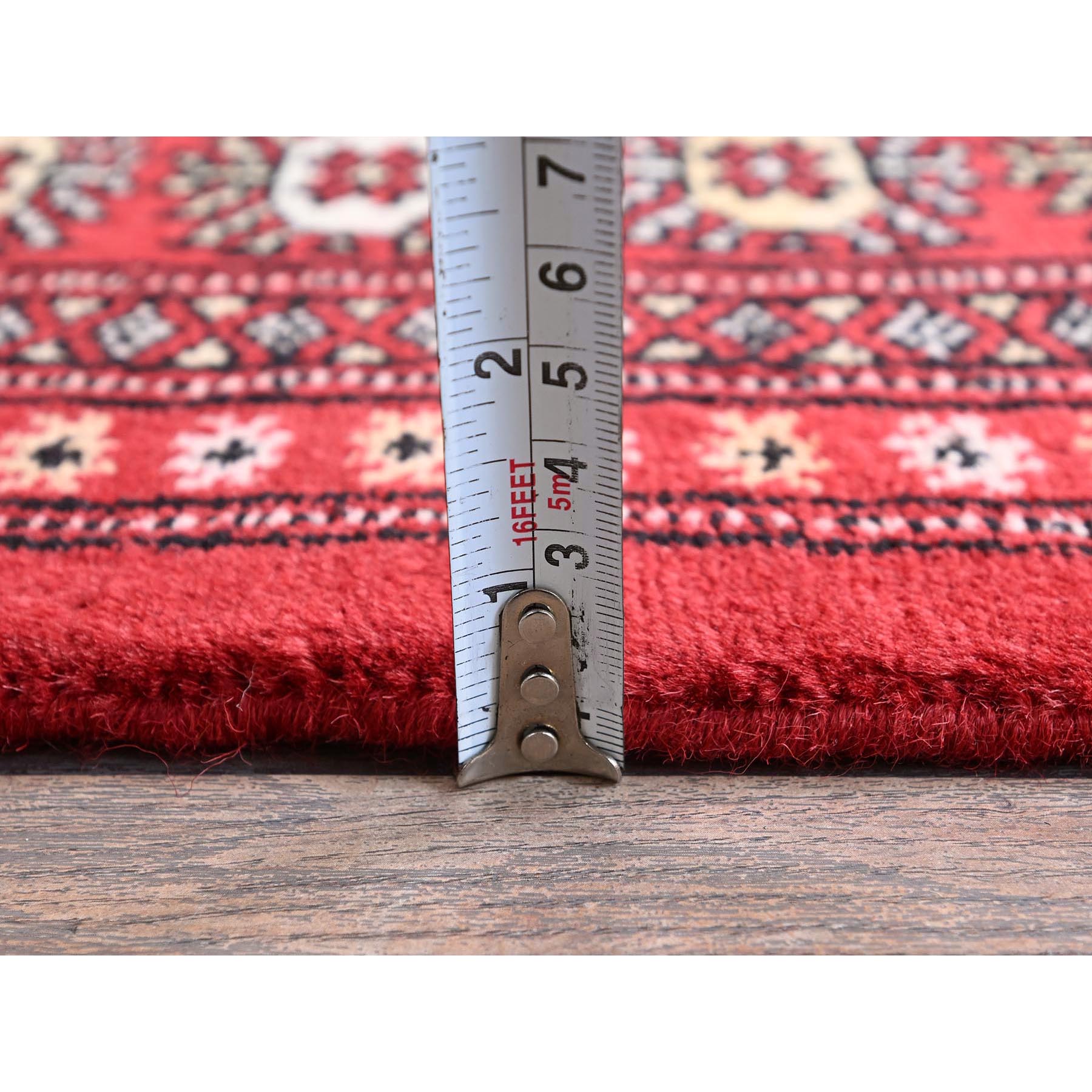 5'1"x8'1" Chili Red, Princess Bokara with Geometric Medallions, Vegetable Dyes, Soft and Shiny Wool, Hand Knotted, Mat, Sample, Oriental Rug Sh1322