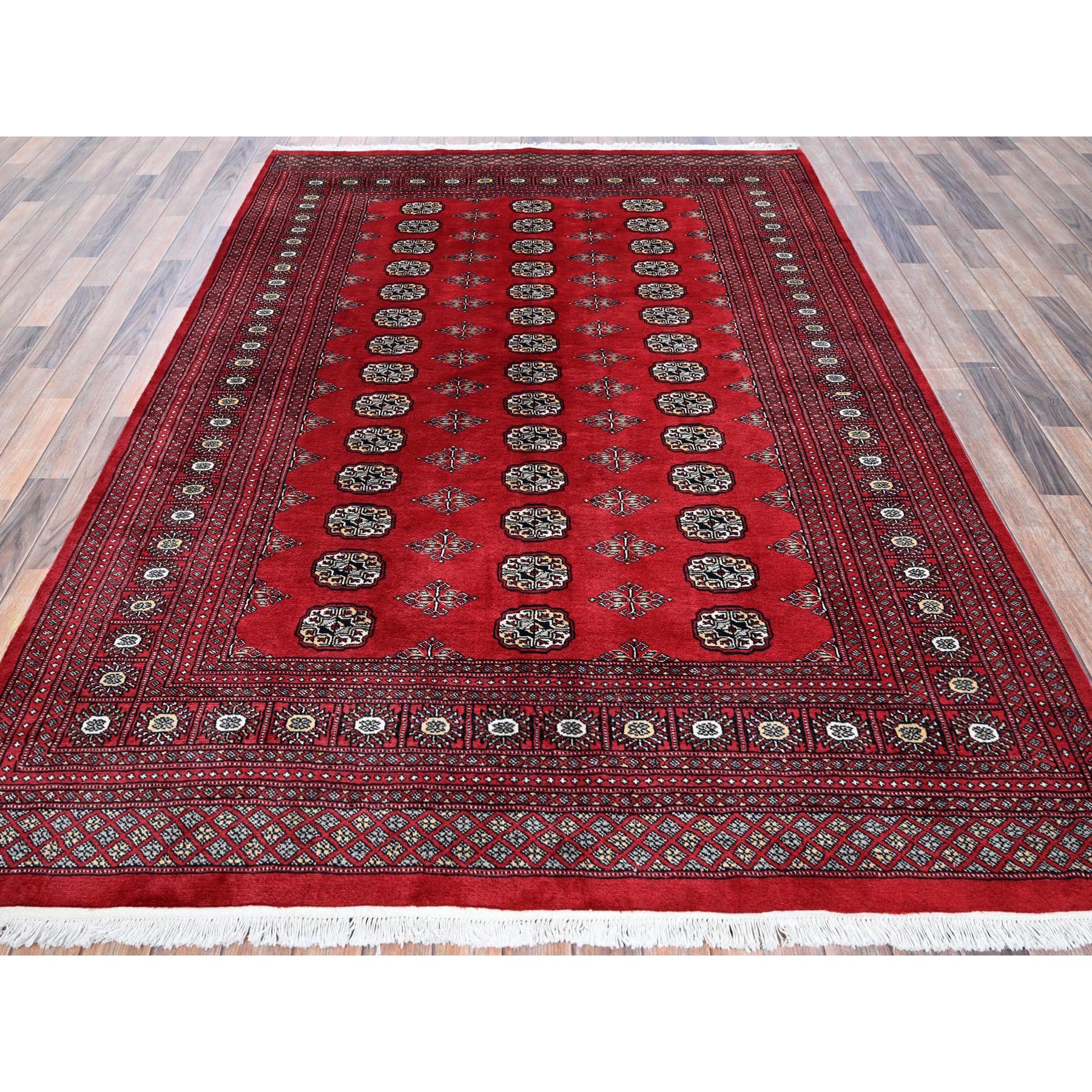 6'4"x8'10" Crimson Red, Hand Knotted, Princess Bokara with Tribal Medallions, Vegetable Dyes, Soft and Velvety Wool, Oriental Rug Sh1323