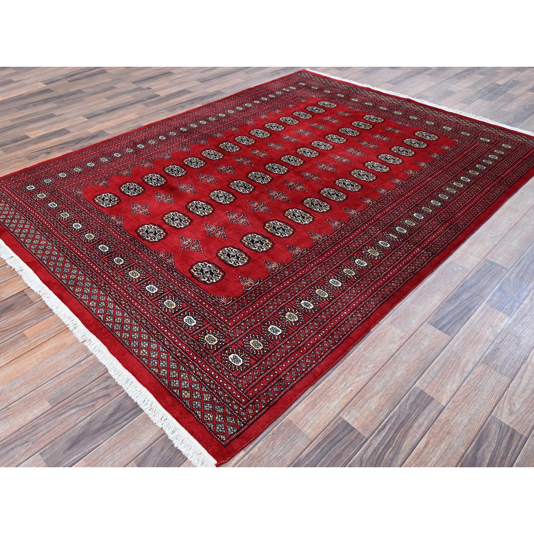 6'4"x8'10" Crimson Red, Hand Knotted, Princess Bokara with Tribal Medallions, Vegetable Dyes, Soft and Velvety Wool, Oriental Rug Sh1323