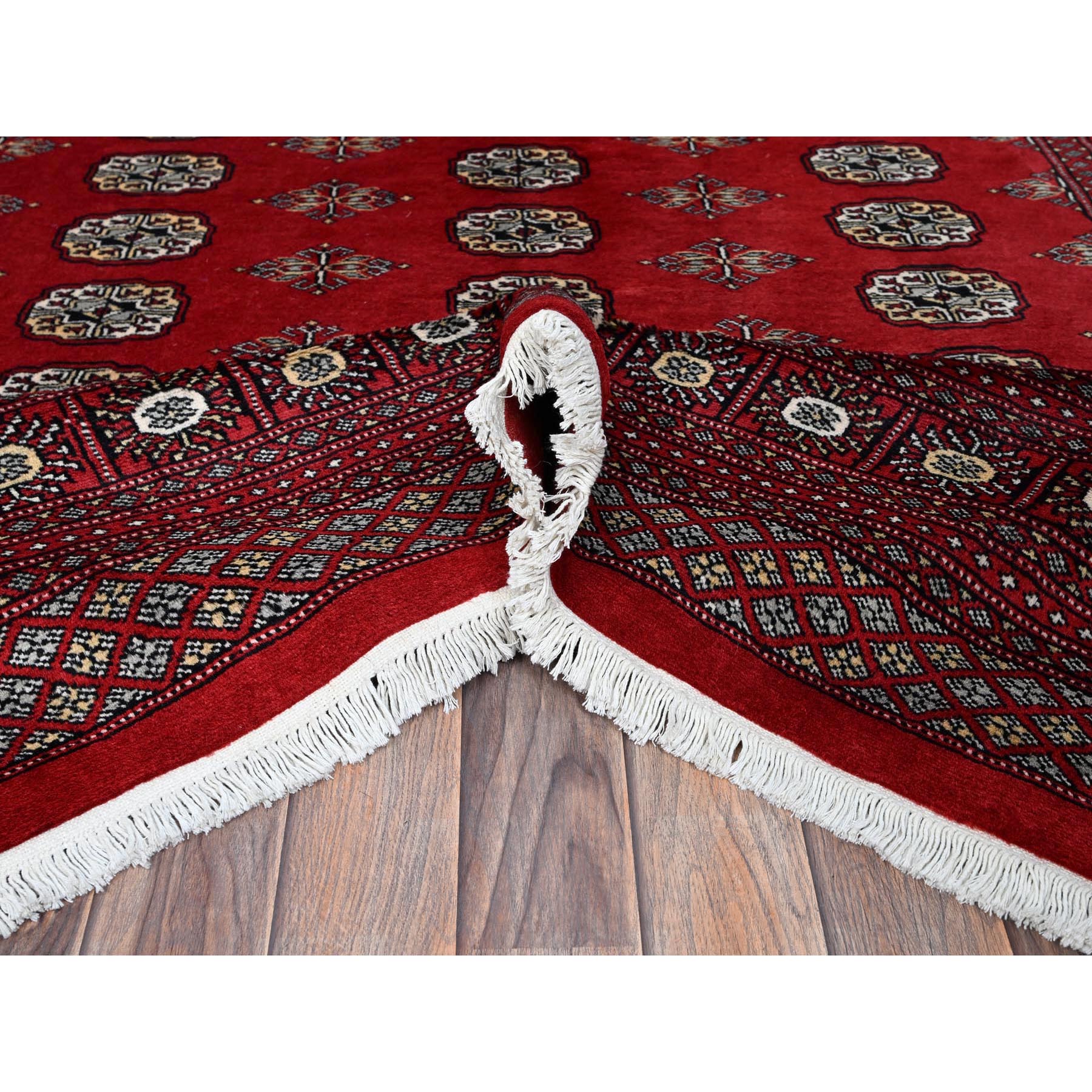 6'4"x8'10" Crimson Red, Hand Knotted, Princess Bokara with Tribal Medallions, Vegetable Dyes, Soft and Velvety Wool, Oriental Rug Sh1323