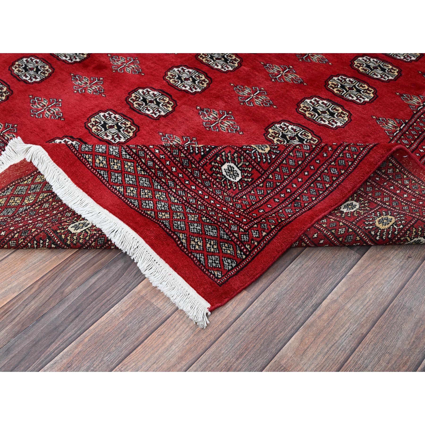 6'4"x8'10" Crimson Red, Hand Knotted, Princess Bokara with Tribal Medallions, Vegetable Dyes, Soft and Velvety Wool, Oriental Rug Sh1323