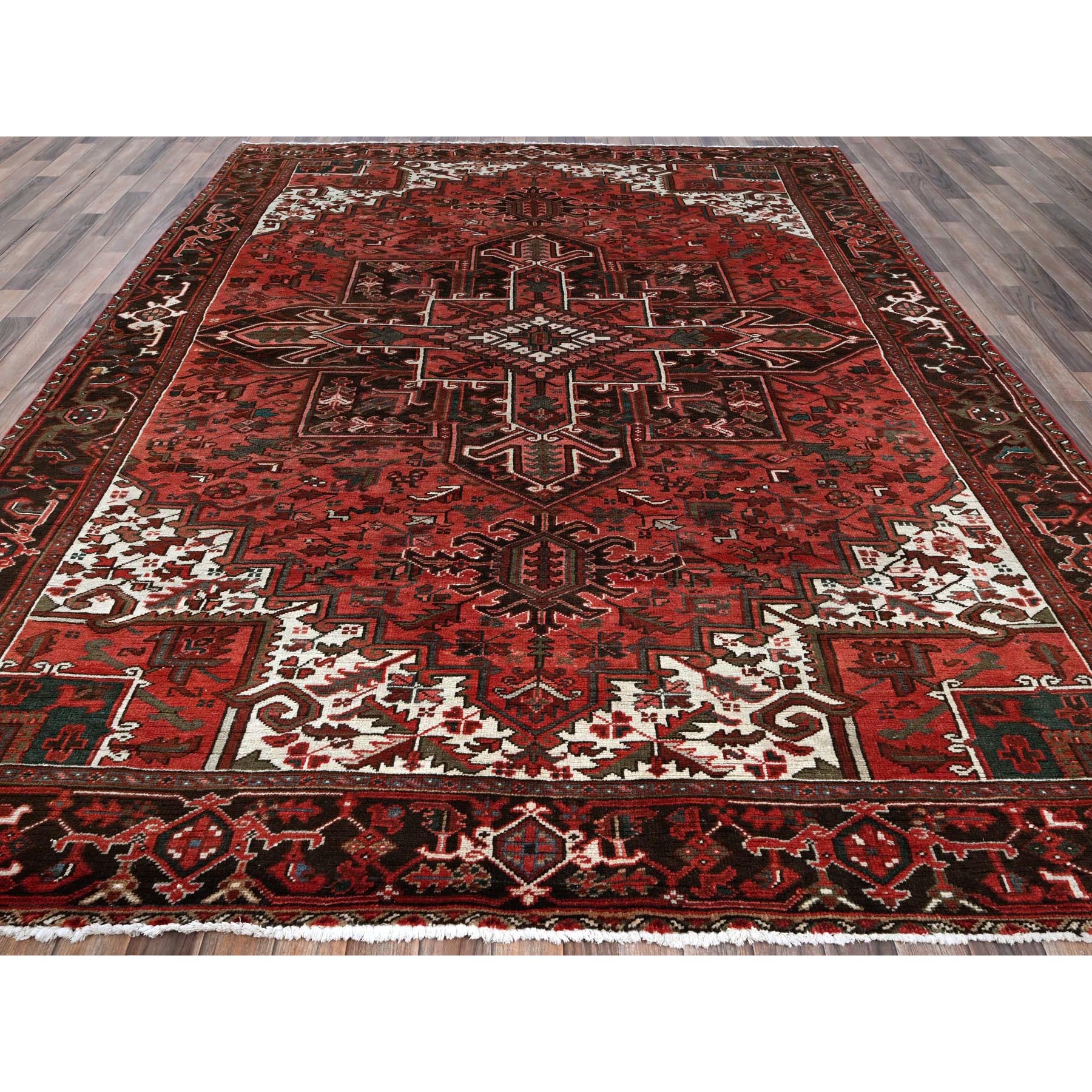 8'1"x10'8" Blush Red, Vintage Persian Heriz with Geometric Medallion Design, 100% Wool, Hand Knotted, Even Wear, Cropped Thin, Good Condition, Sides and Ends Professionally Secured, Oriental Rug Sh1330