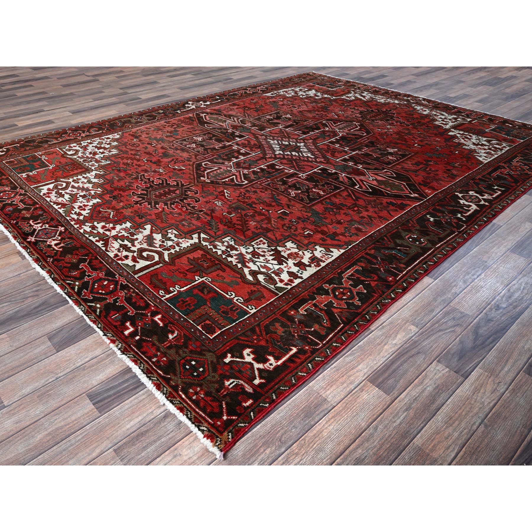 8'1"x10'8" Blush Red, Vintage Persian Heriz with Geometric Medallion Design, 100% Wool, Hand Knotted, Even Wear, Cropped Thin, Good Condition, Sides and Ends Professionally Secured, Oriental Rug Sh1330