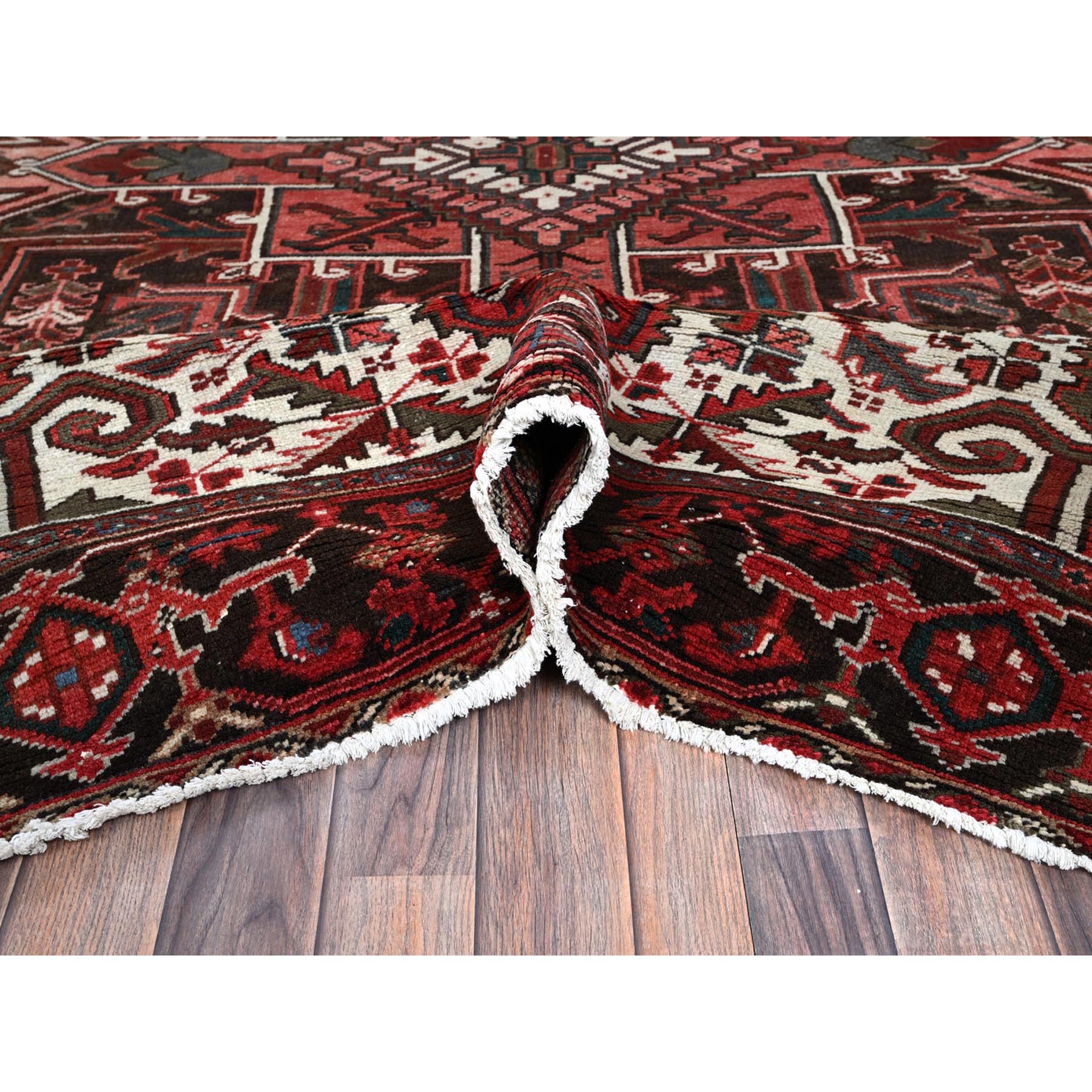 8'1"x10'8" Blush Red, Vintage Persian Heriz with Geometric Medallion Design, 100% Wool, Hand Knotted, Even Wear, Cropped Thin, Good Condition, Sides and Ends Professionally Secured, Oriental Rug Sh1330