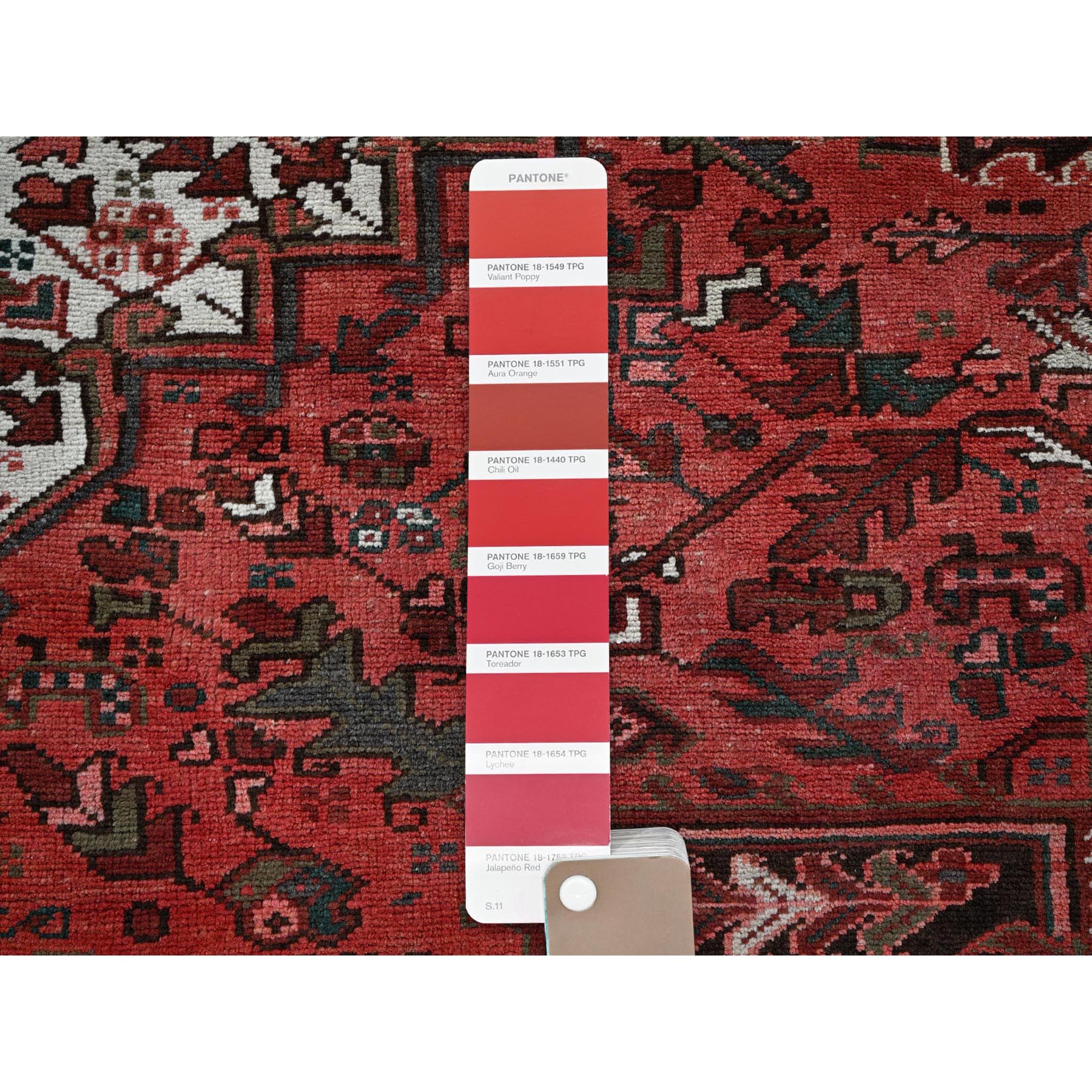 8'1"x10'8" Blush Red, Vintage Persian Heriz with Geometric Medallion Design, 100% Wool, Hand Knotted, Even Wear, Cropped Thin, Good Condition, Sides and Ends Professionally Secured, Oriental Rug Sh1330