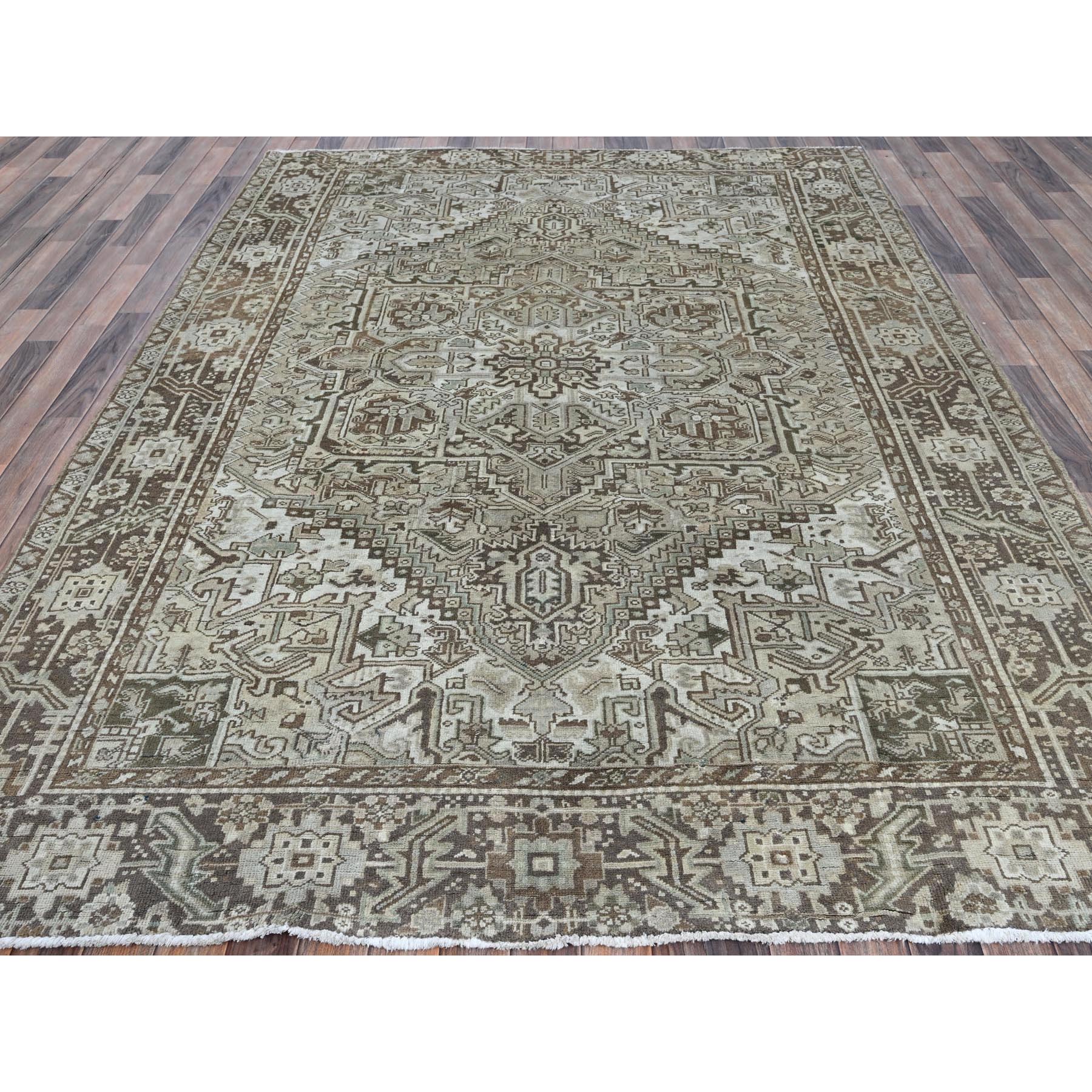 7'1"x9'8" Beige, Vintage and Worn, Persian Heriz with Geometric Medallion Design, Shaved Down, Sides and Ends Professionally Secured, Clean, Hand Knotted, 100% Wool, Oriental Rug Sh1331