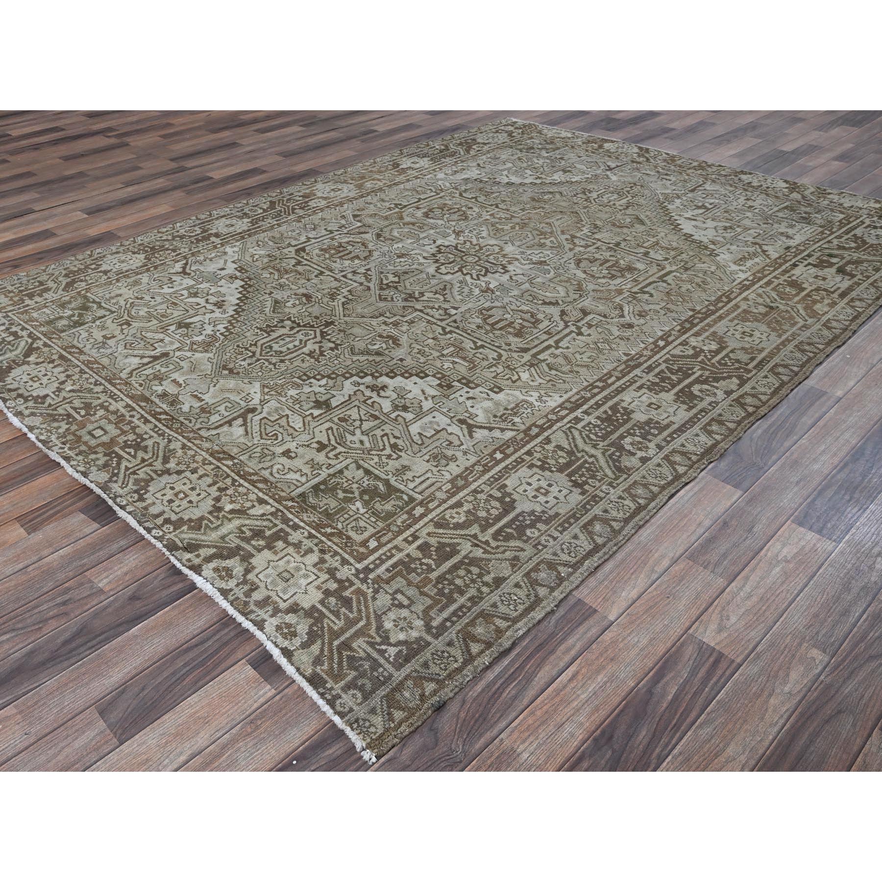 7'1"x9'8" Beige, Vintage and Worn, Persian Heriz with Geometric Medallion Design, Shaved Down, Sides and Ends Professionally Secured, Clean, Hand Knotted, 100% Wool, Oriental Rug Sh1331