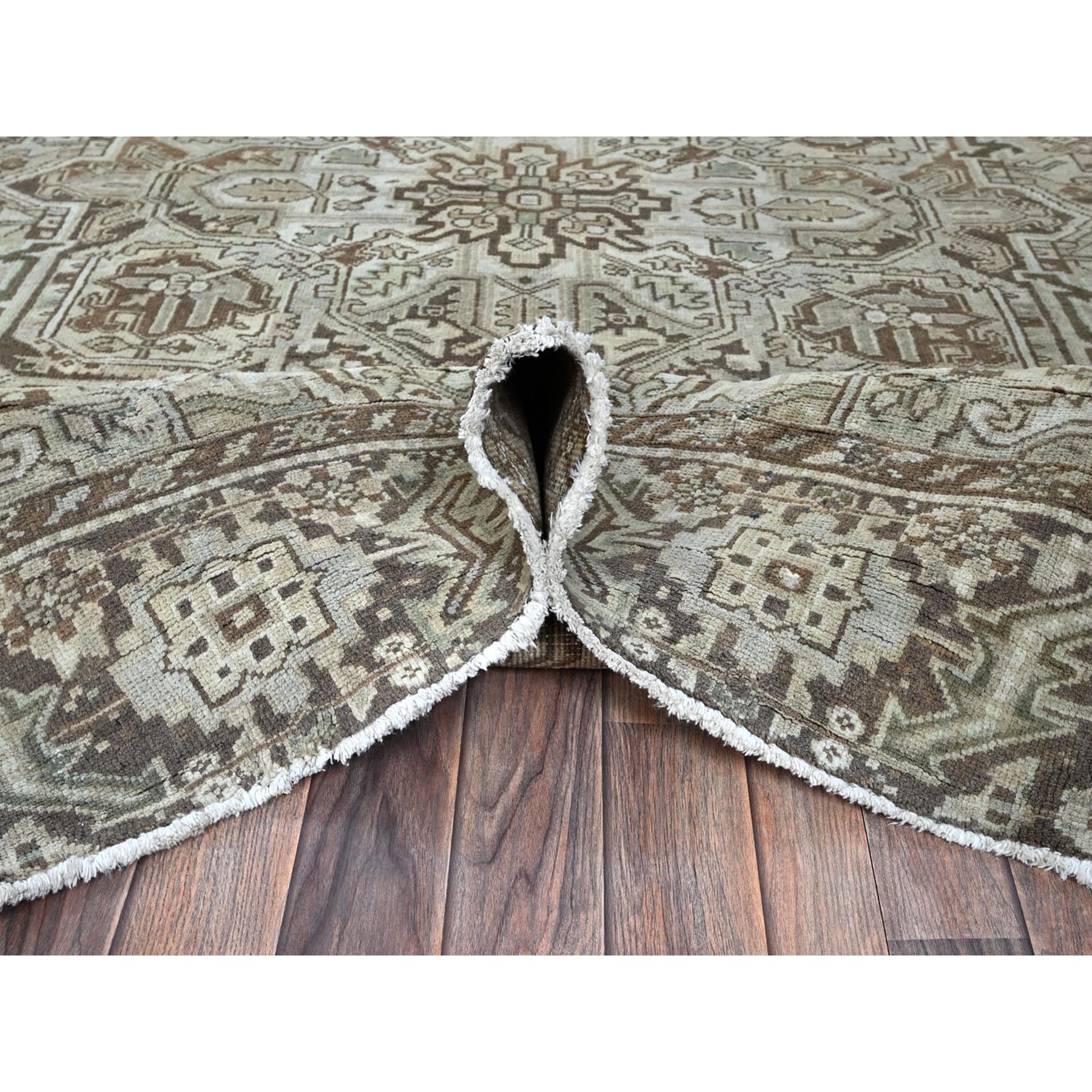 7'1"x9'8" Beige, Vintage and Worn, Persian Heriz with Geometric Medallion Design, Shaved Down, Sides and Ends Professionally Secured, Clean, Hand Knotted, 100% Wool, Oriental Rug Sh1331