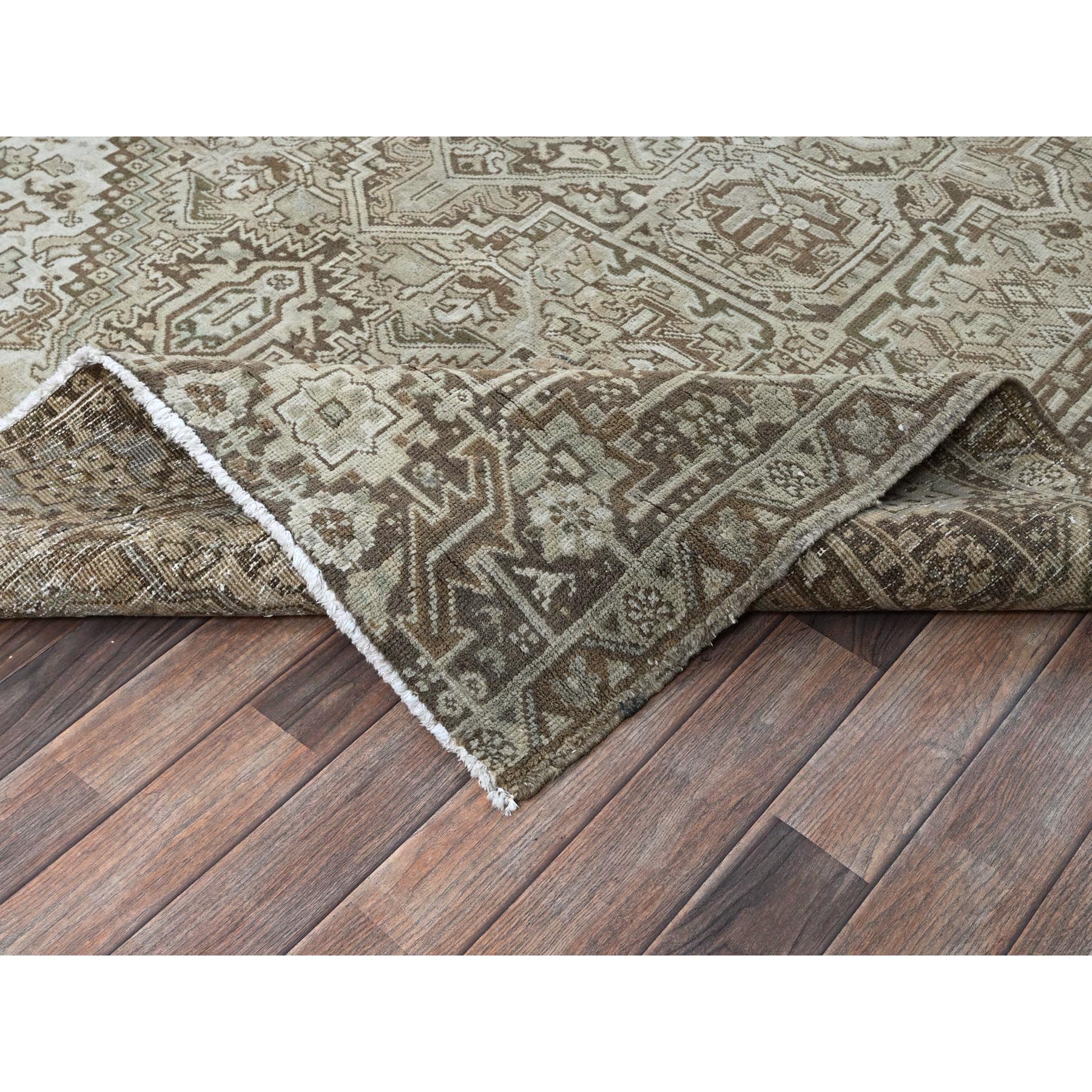 7'1"x9'8" Beige, Vintage and Worn, Persian Heriz with Geometric Medallion Design, Shaved Down, Sides and Ends Professionally Secured, Clean, Hand Knotted, 100% Wool, Oriental Rug Sh1331
