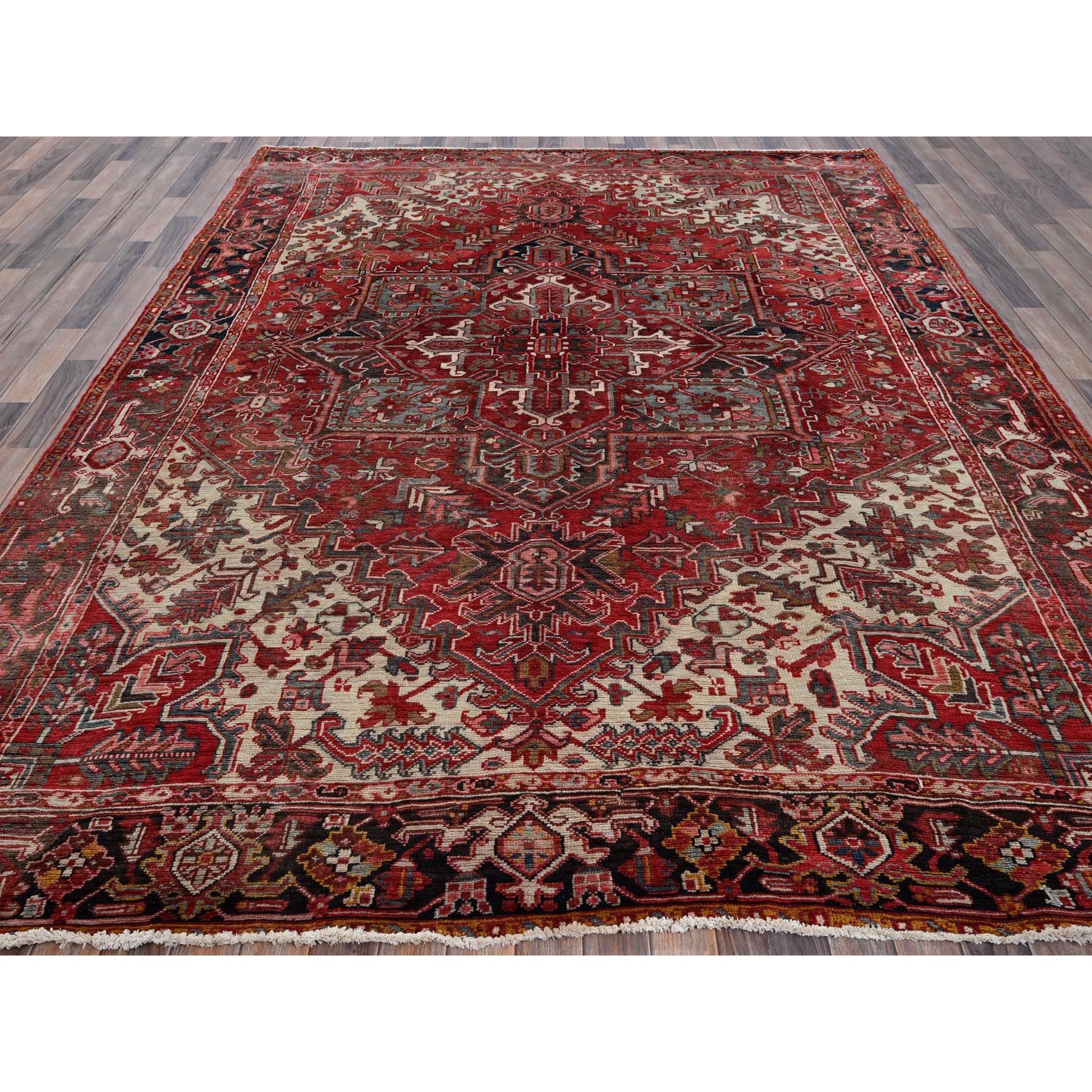 8'3"x10'8" Crimson Red, Vintage Persian Heriz with Geometric Medallion Design, 100% Wool, Hand Knotted, Worn and Distressed, Cropped Thin, Clean, Sides and Ends Professionally Secured, Oriental Rug Sh1334